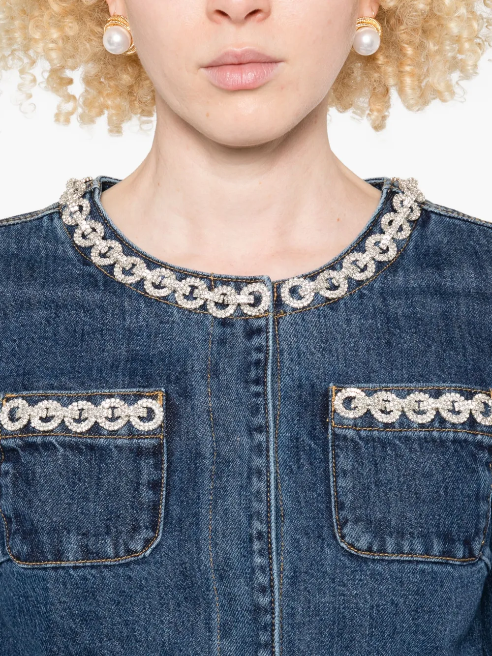 SELF-PORTRAIT Cropped Denim Jacket with Crystal Chain Trims - Size 8