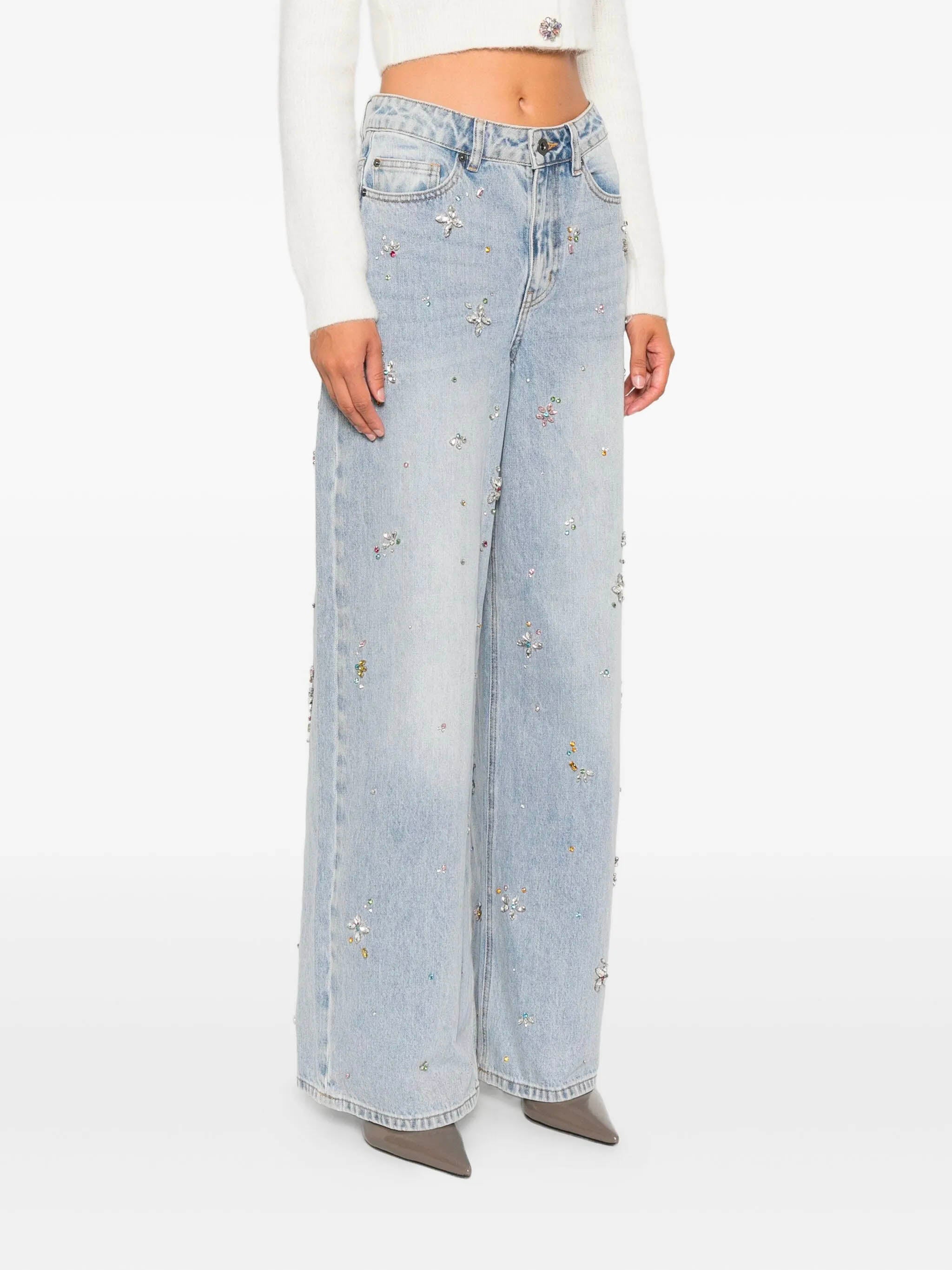 SELF-PORTRAIT Wide Leg Jeans with Crystal Floral Embellishments - Size 26
