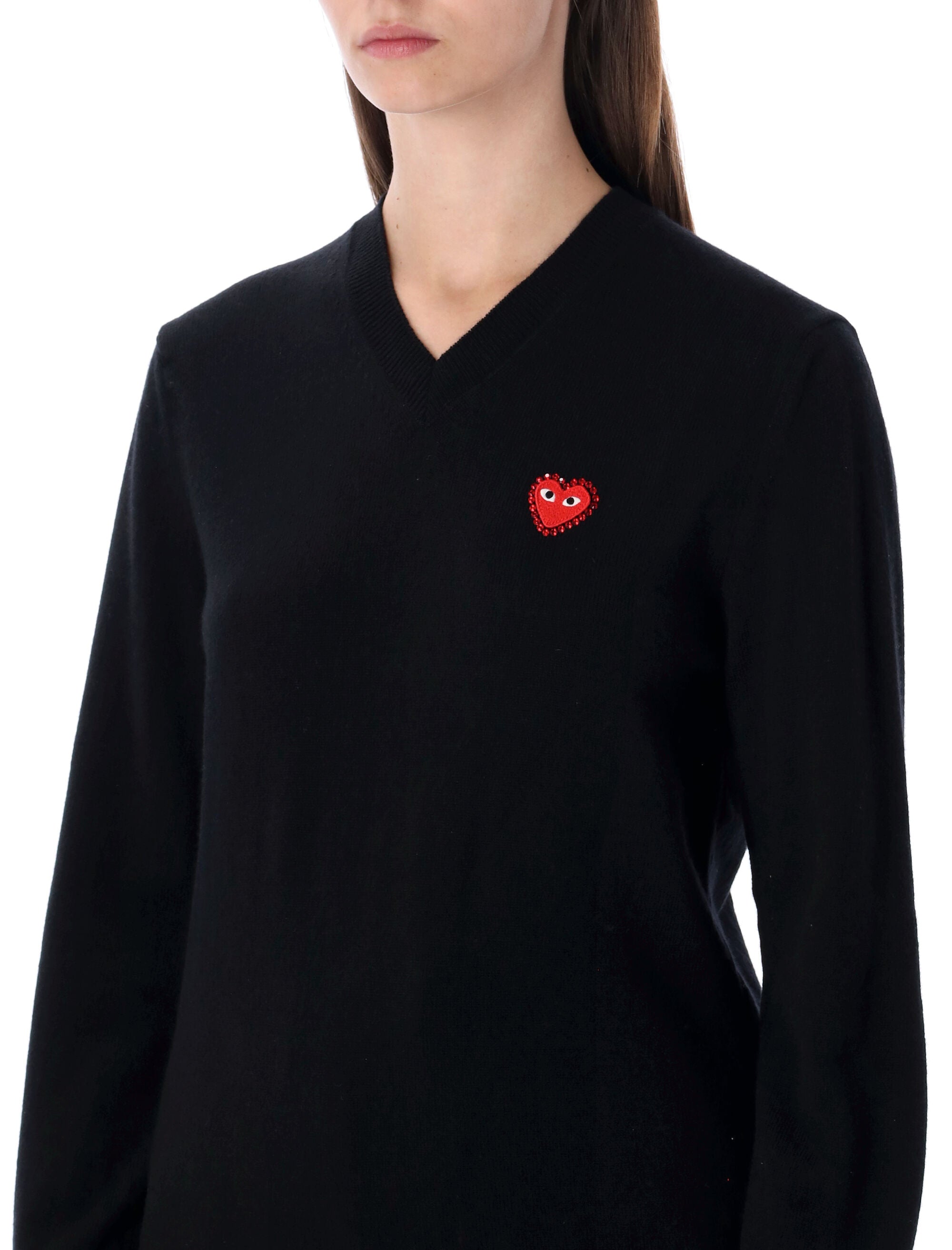 COMME DES GARÇONS PLAY V-Neck Wool Sweater with Iconic Heart and Crystals - Size S