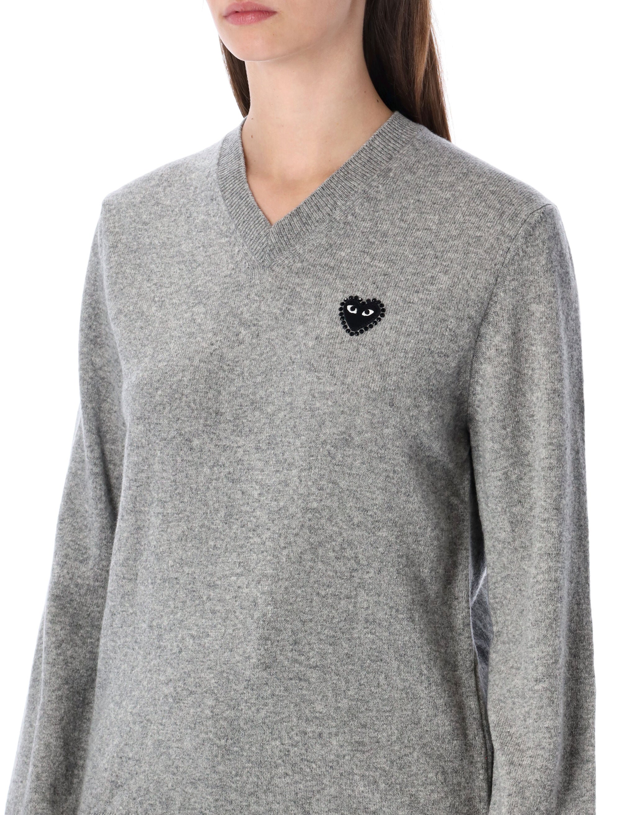 COMME DES GARÇONS PLAY Men's Wool V-Neck Sweater with Black Heart and Crystals - Size S