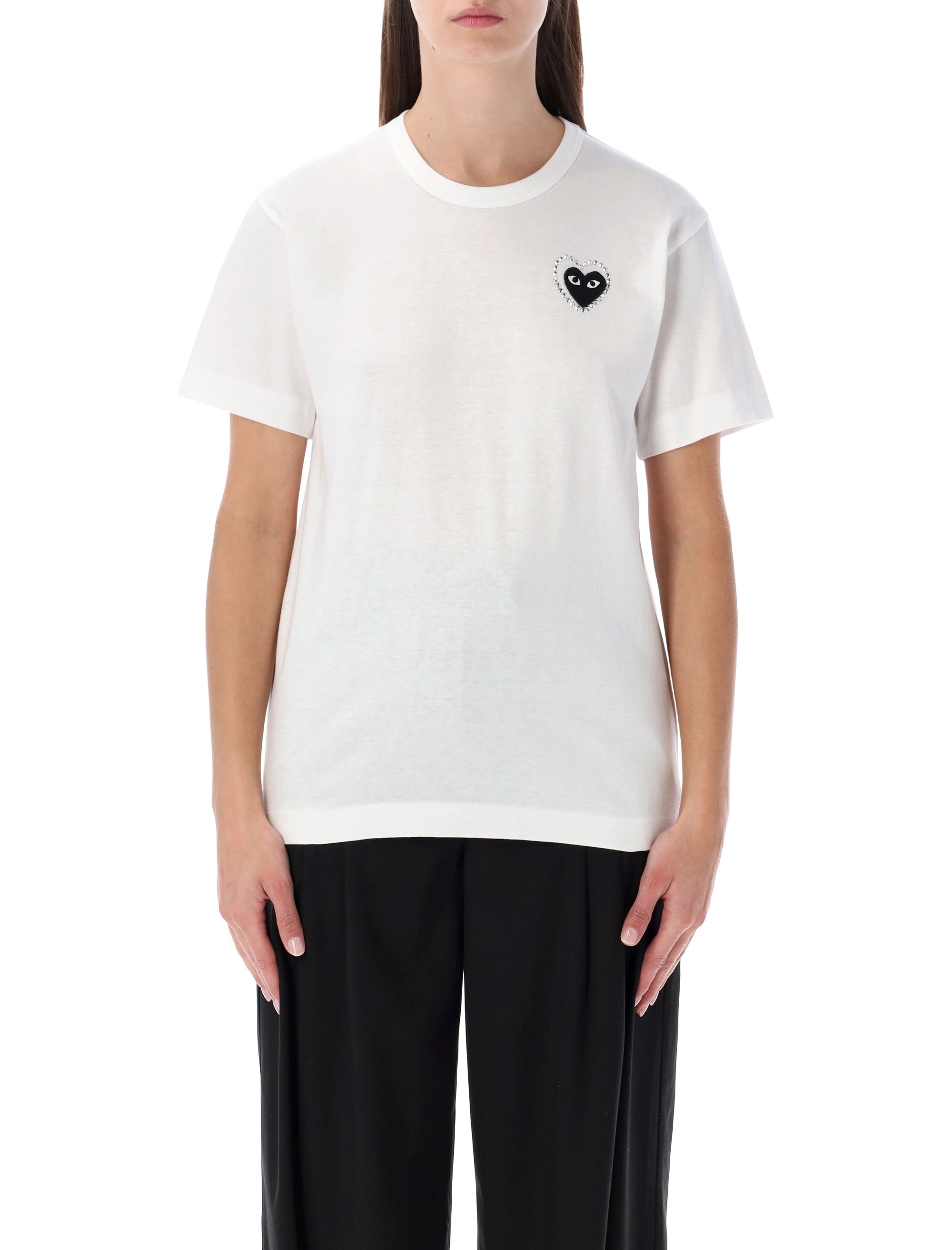 COMME DES GARÇONS PLAY Men's Cotton T-Shirt with Crystal Heart Embellishment - Size S