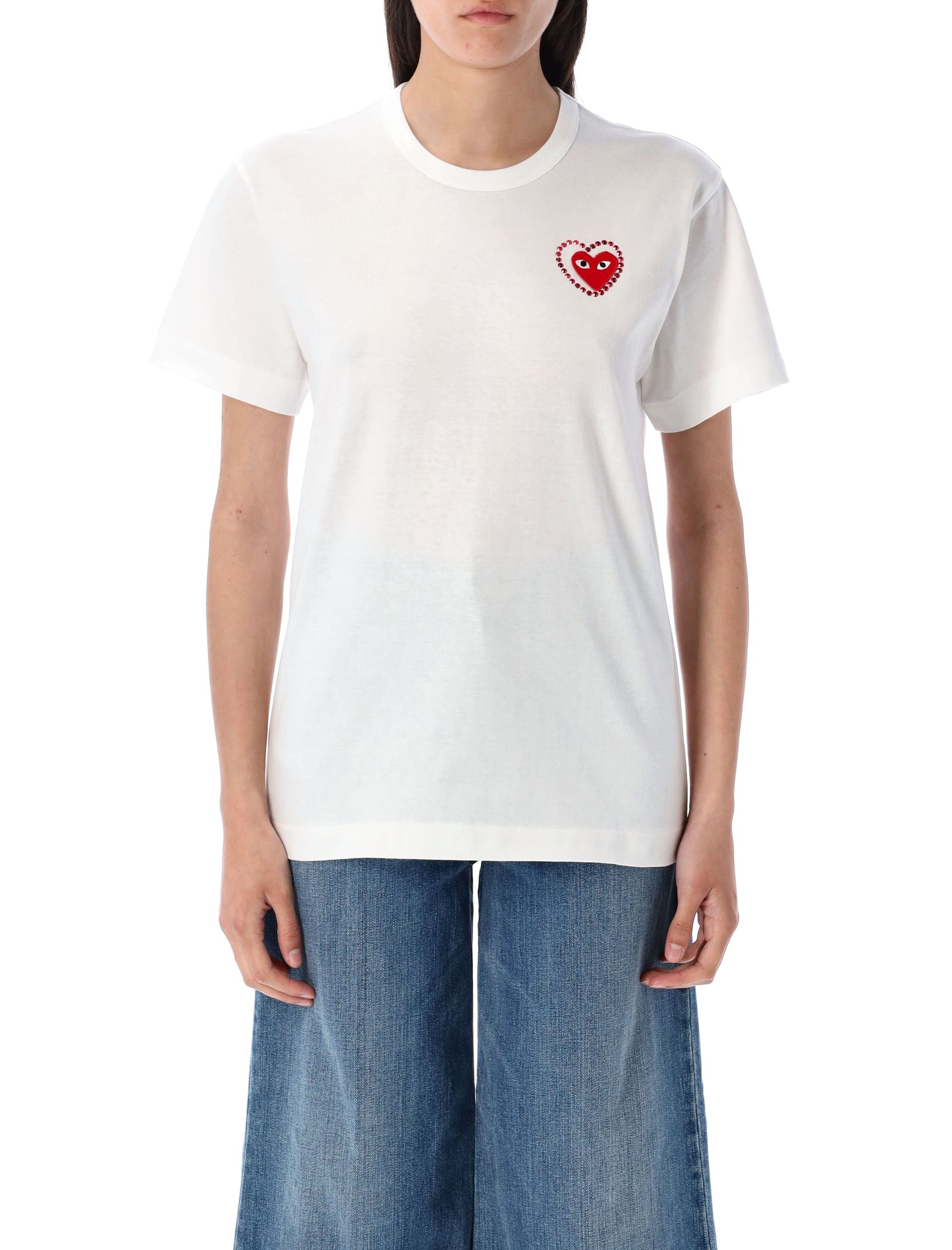COMME DES GARÇONS PLAY Men's Cotton T-Shirt with Crystal Heart Embellishment - Size S