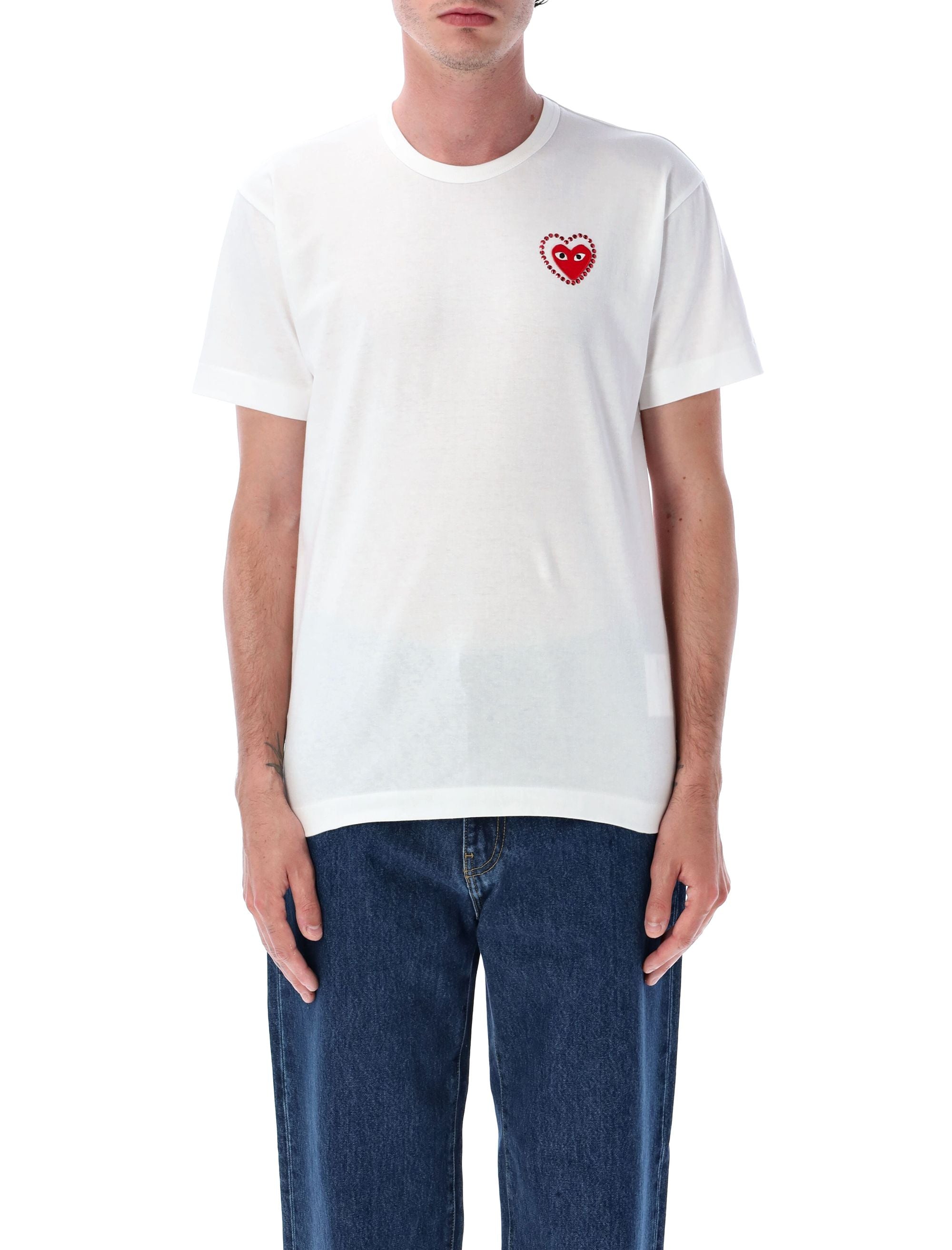 COMME DES GARÇONS PLAY Men's Cotton T-Shirt with Crystal Heart Embellishment - Size S