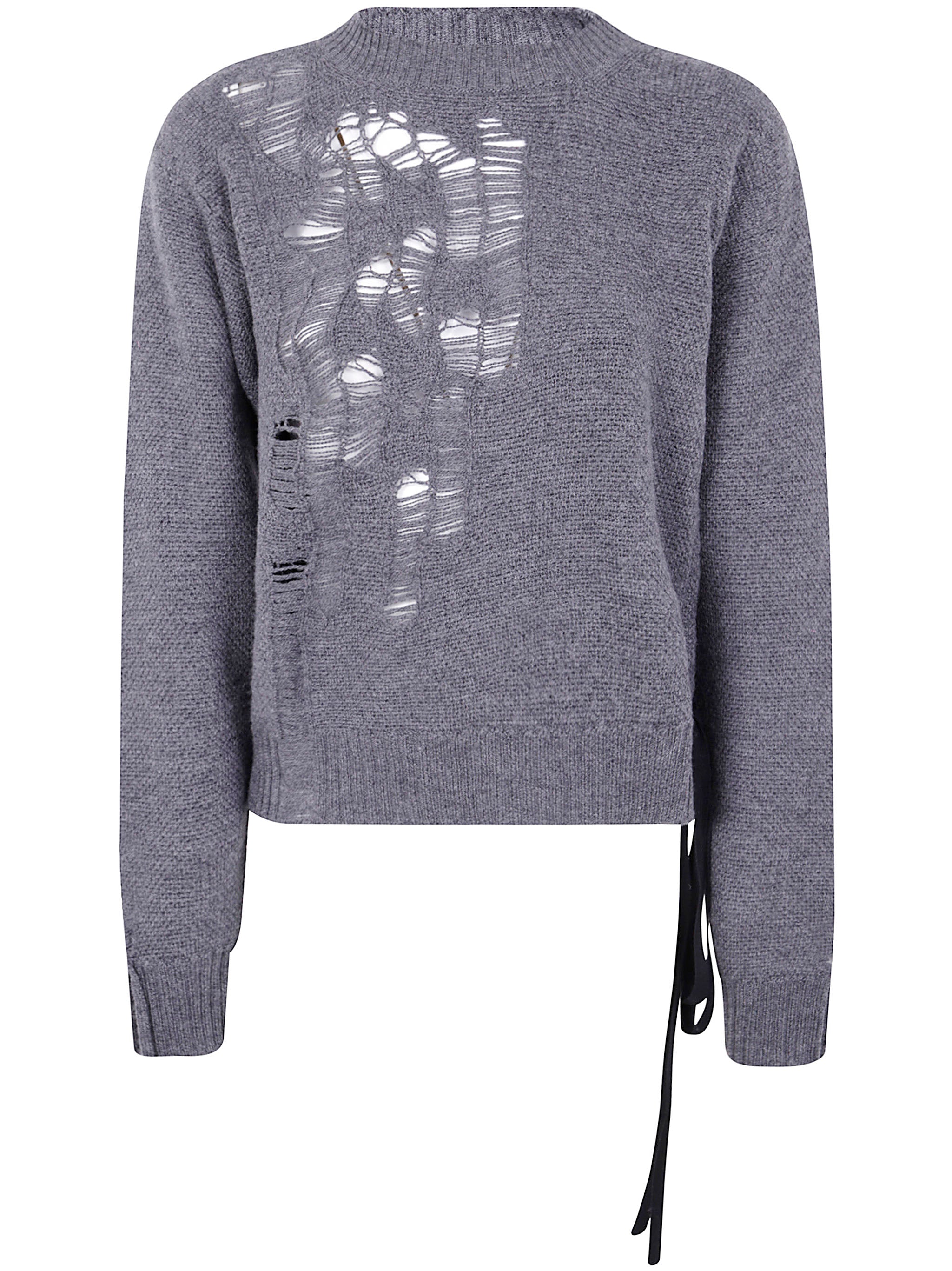 ANN DEMEULEMEESTER Destroyed Seed Stitch Crew Neck Sweater with Drawstrings