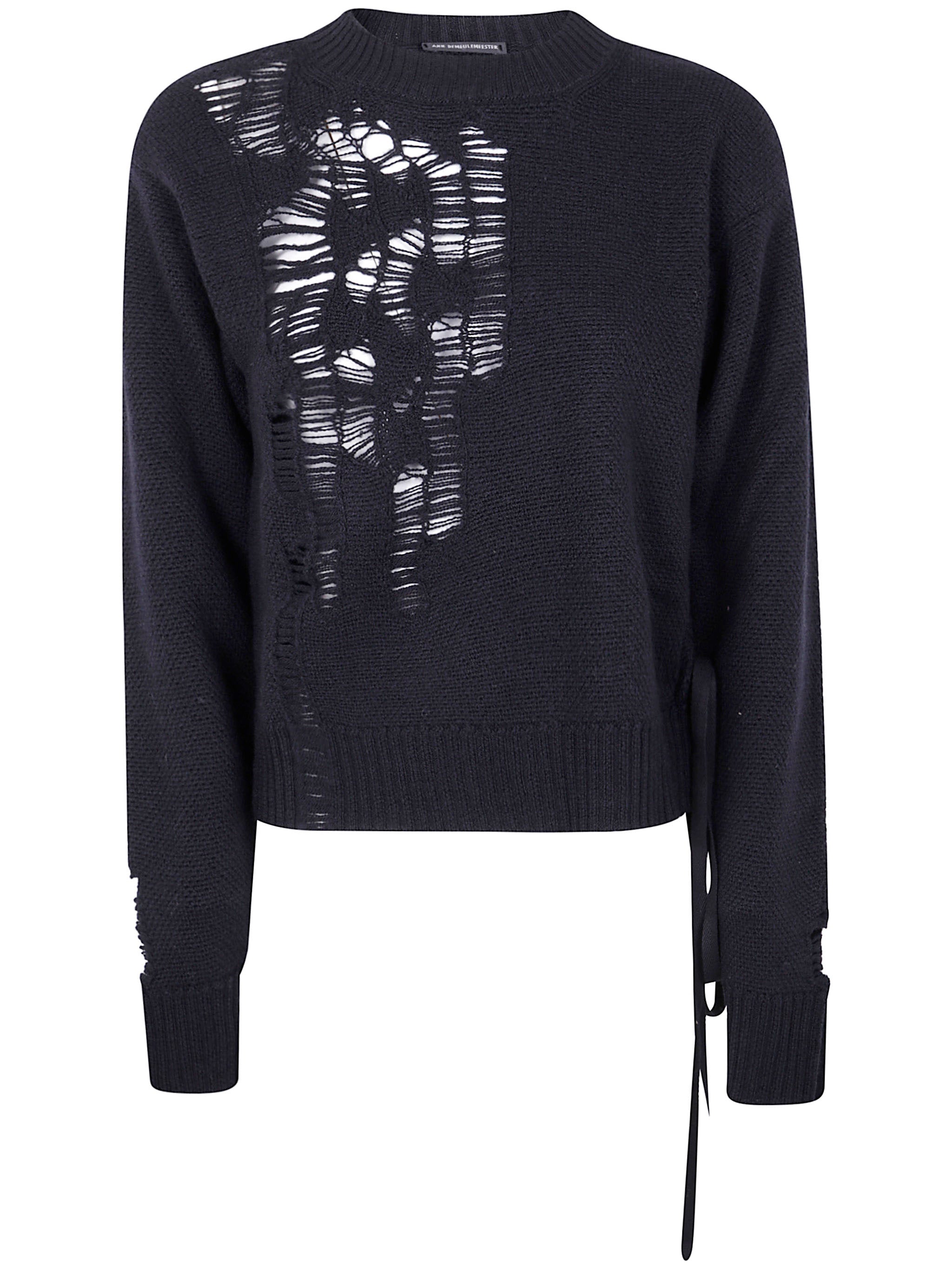 ANN DEMEULEMEESTER Gabriela Destroyed Seed Stitch Crew Neck Sweater with Drawstrings