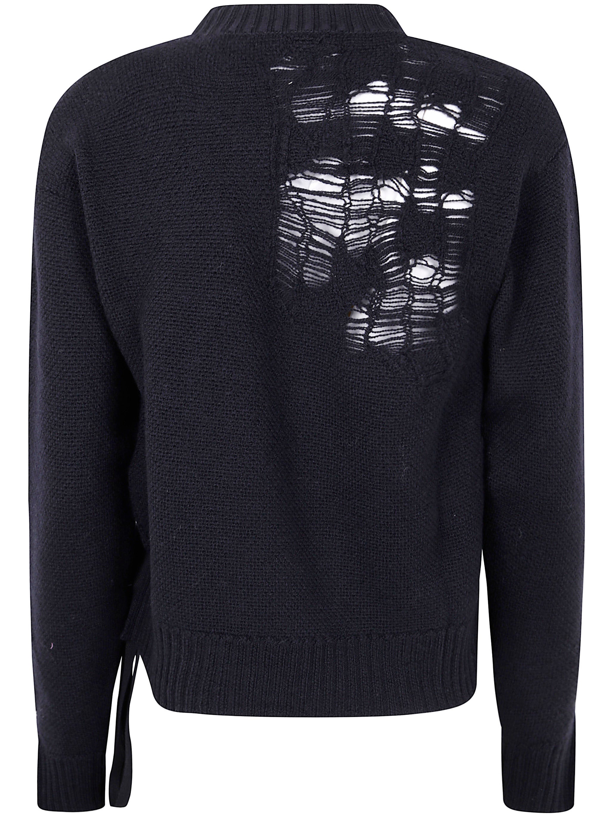 ANN DEMEULEMEESTER Gabriela Destroyed Seed Stitch Crew Neck Sweater with Drawstrings