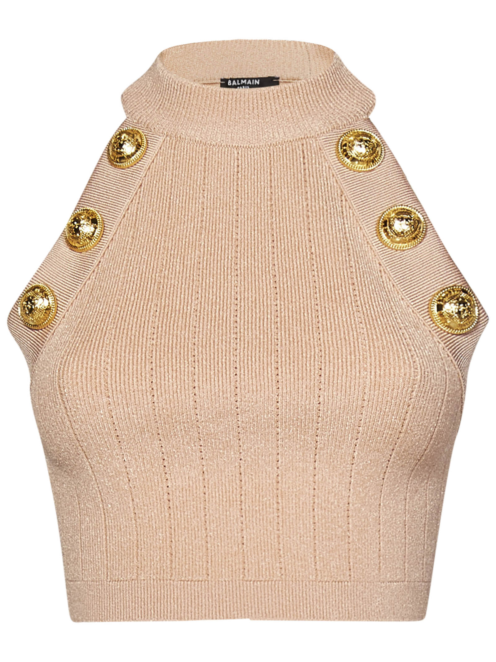 BALMAIN Ribbed Cropped Top with Gold Buttons - Size 36