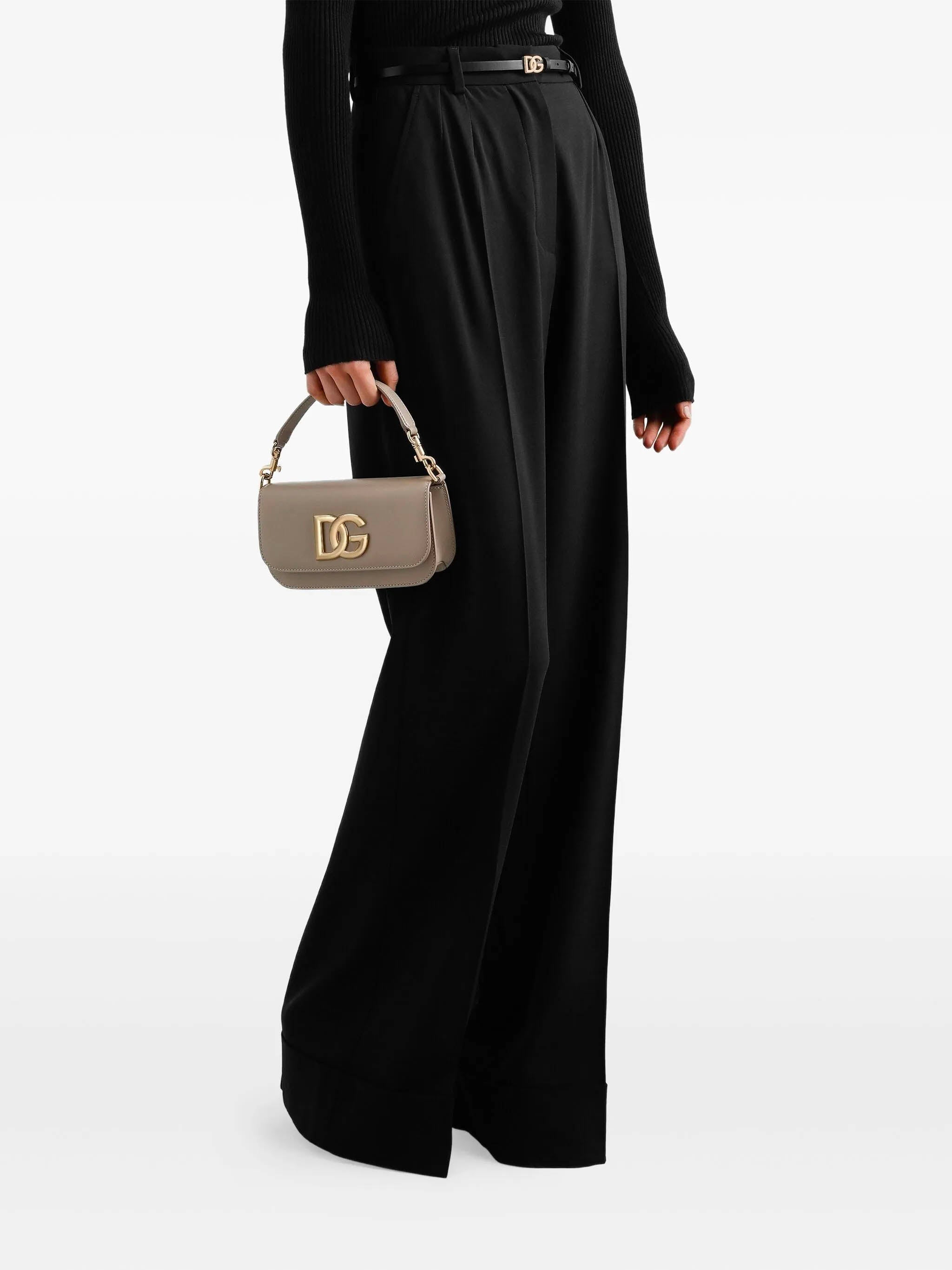 DOLCE & GABBANA Structured Leather Shoulder Handbag with Gold Tone Logo Detail