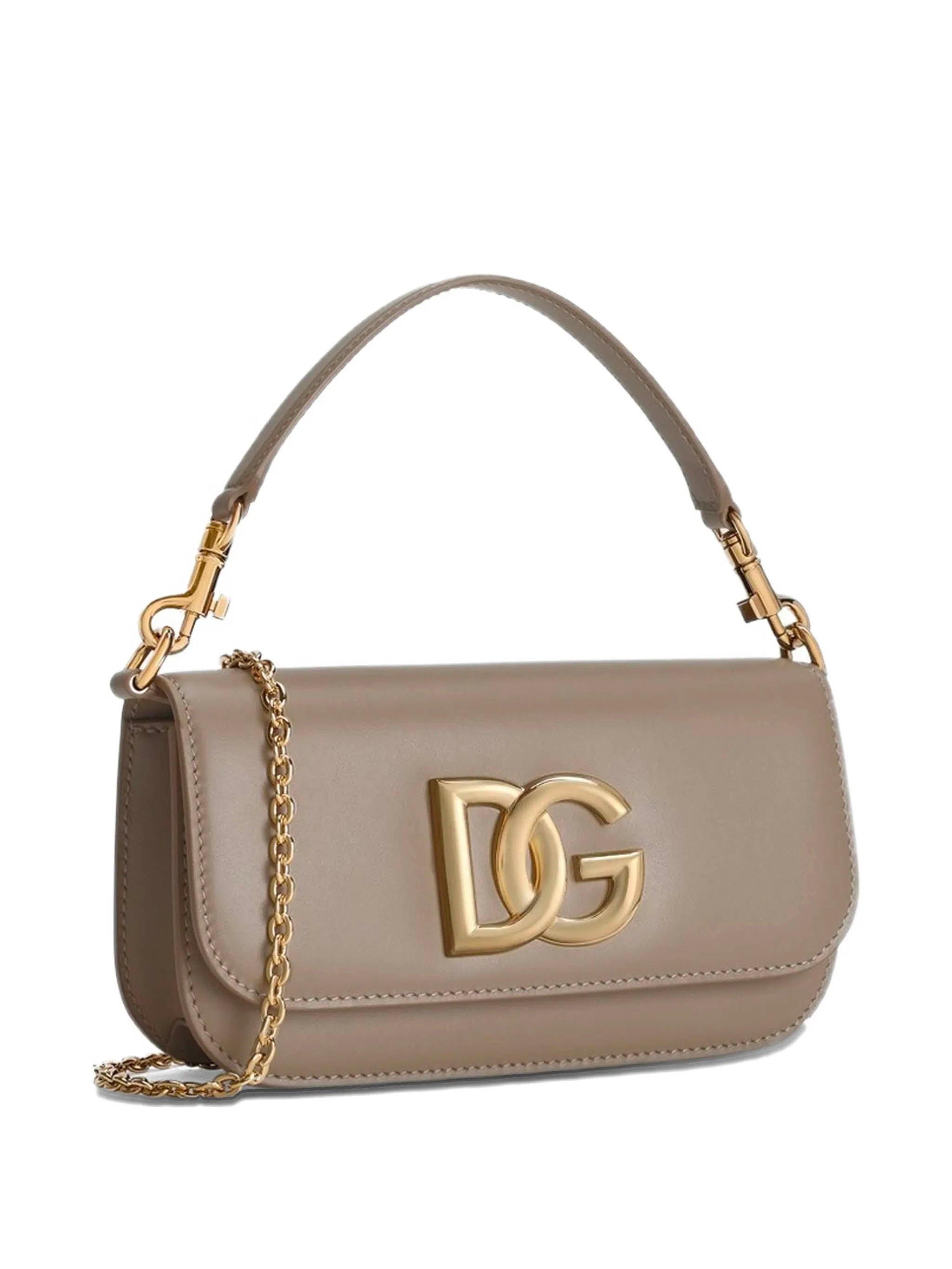 DOLCE & GABBANA Structured Leather Shoulder Handbag with Gold Tone Logo Detail