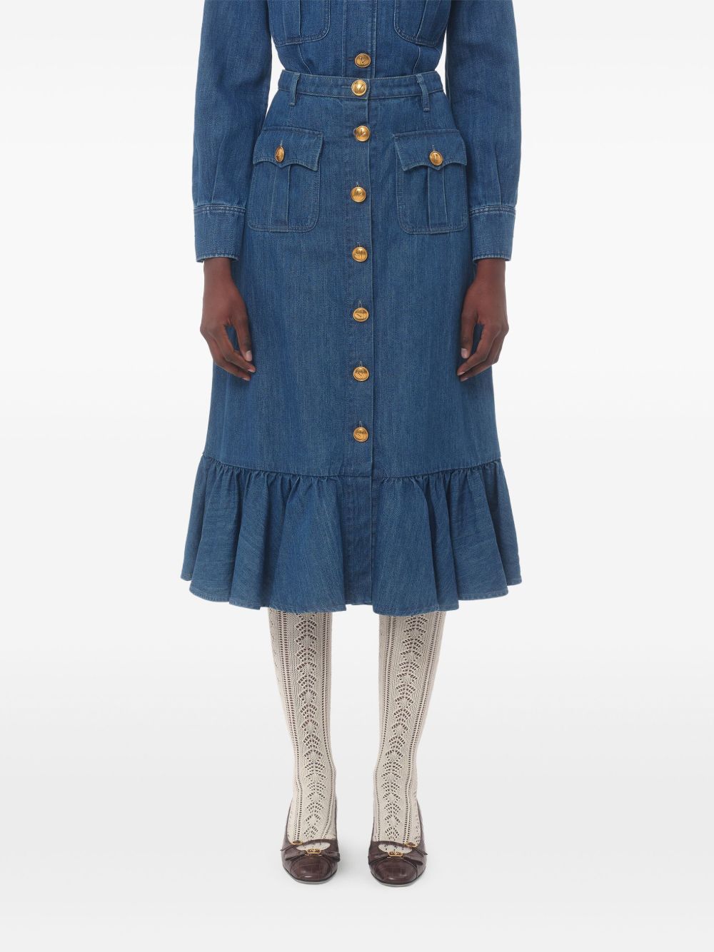 VALENTINO Denim Midi Skirt with Button Fastening