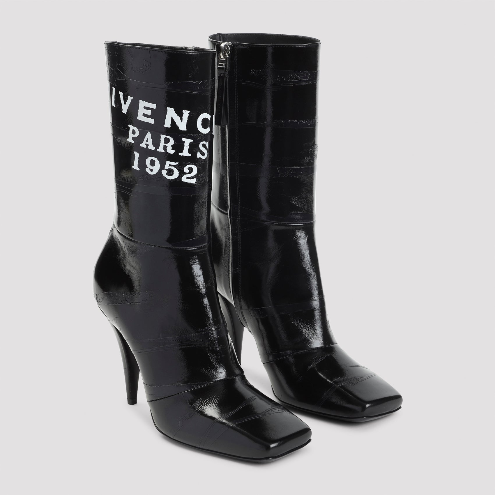 GIVENCHY Sliced Square Patent Ankle Boots with Curved Heel