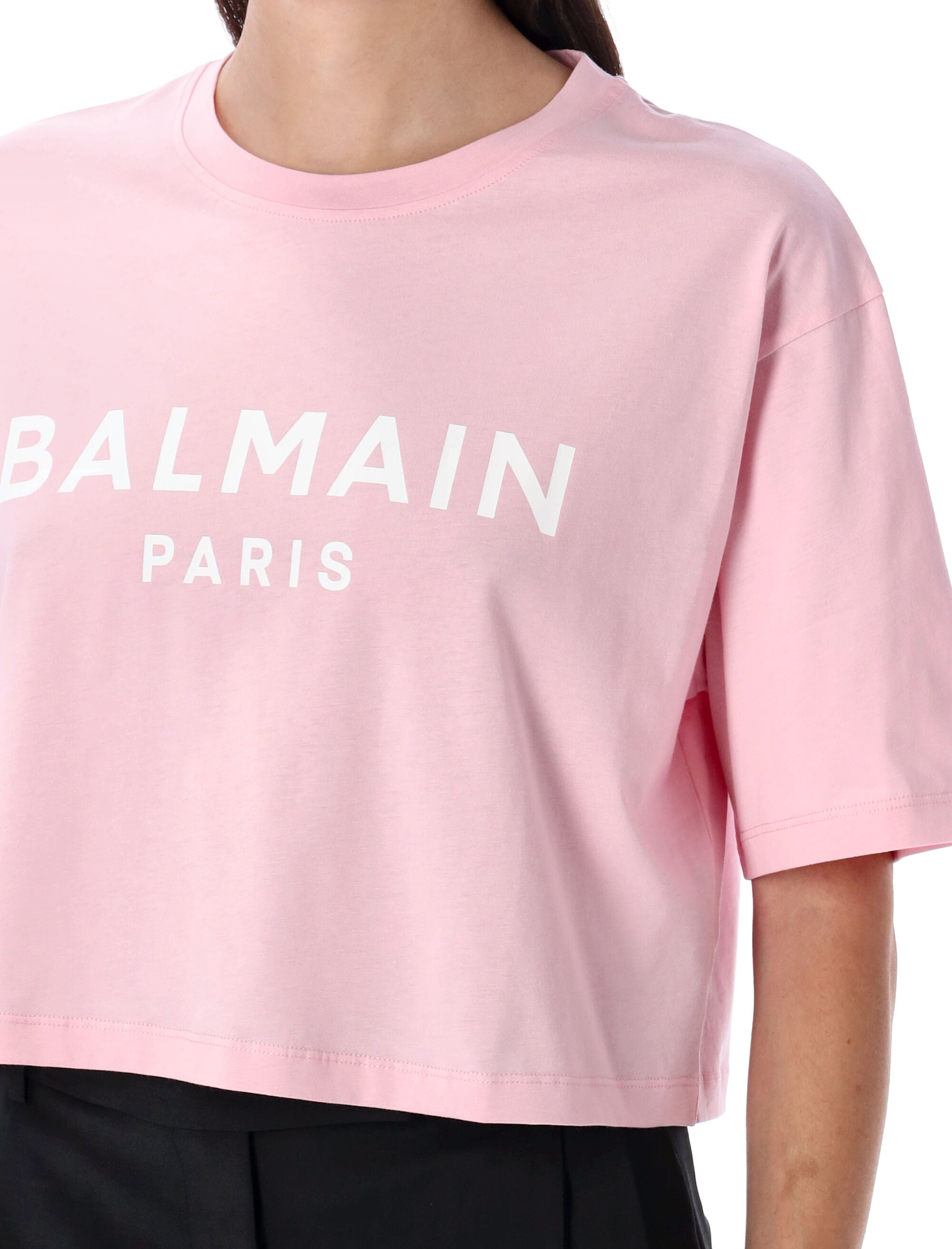 BALMAIN Cropped T-Shirt with Paris Logo Print - Size S