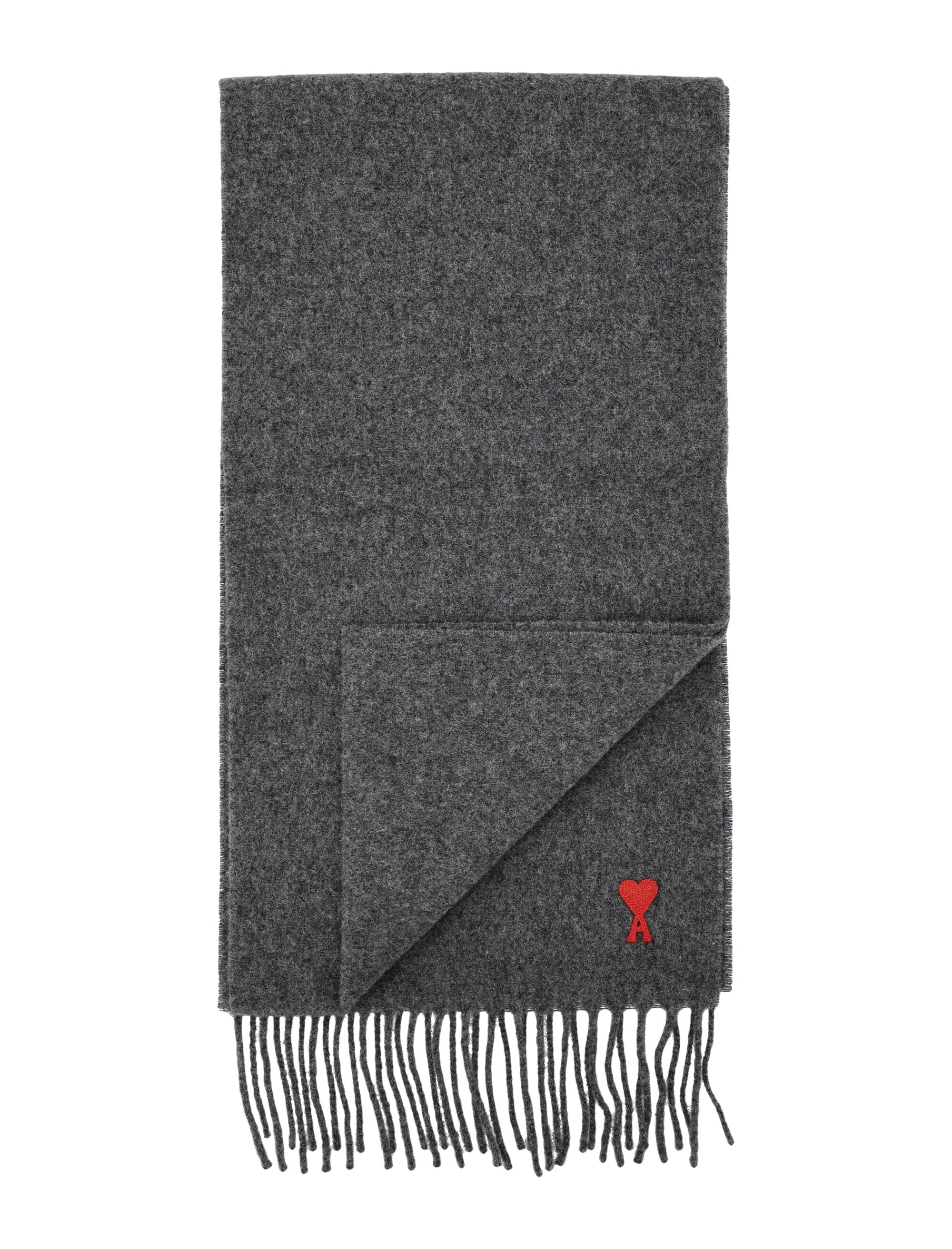 AMI PARIS Wool Scarf with Embroidered Design and Fringed Edges