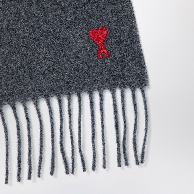 AMI PARIS Wool Scarf with Embroidered Design and Fringed Edges
