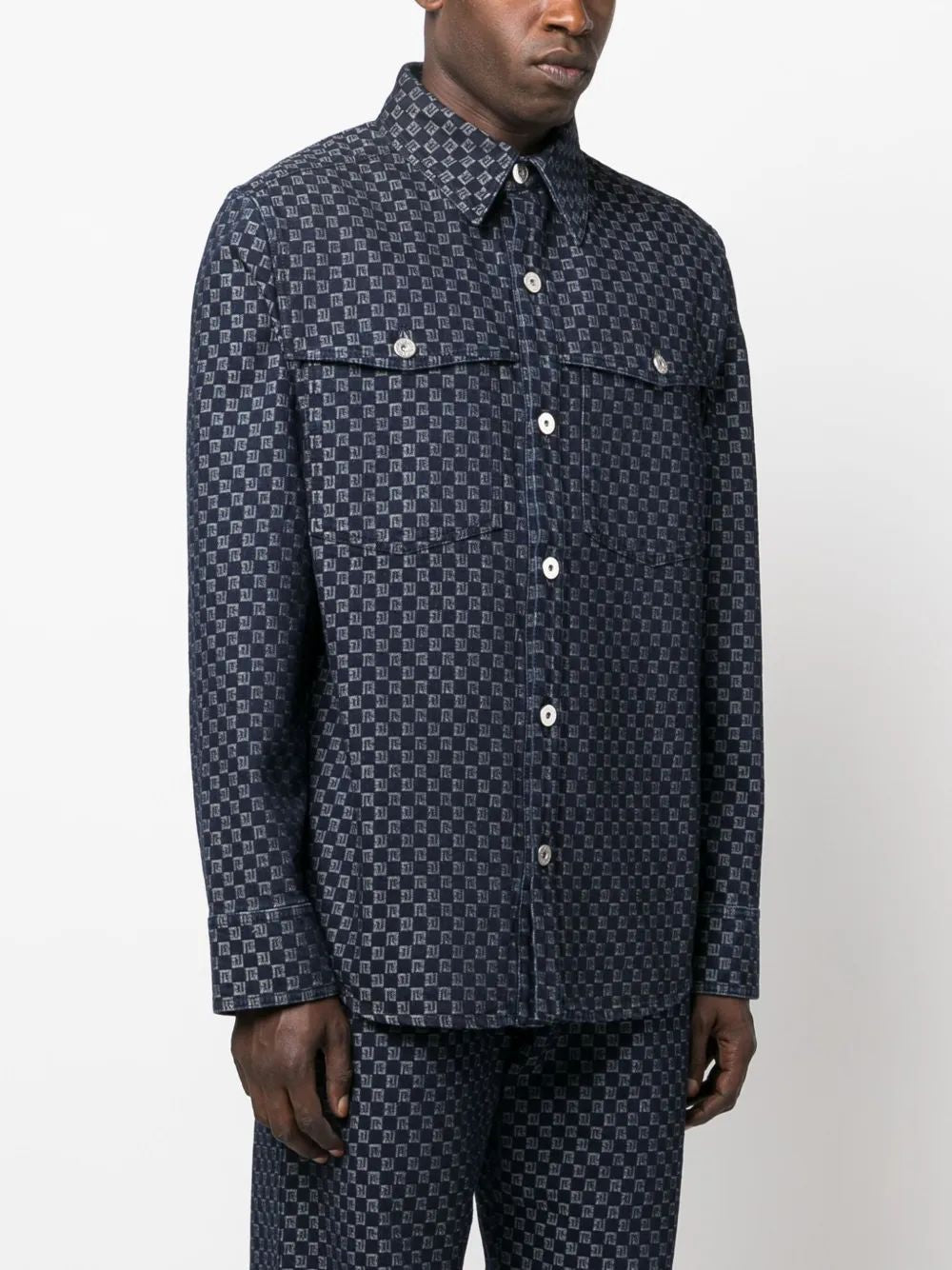 BALMAIN Monogram Jacquard Curved Hem Denim Shirt