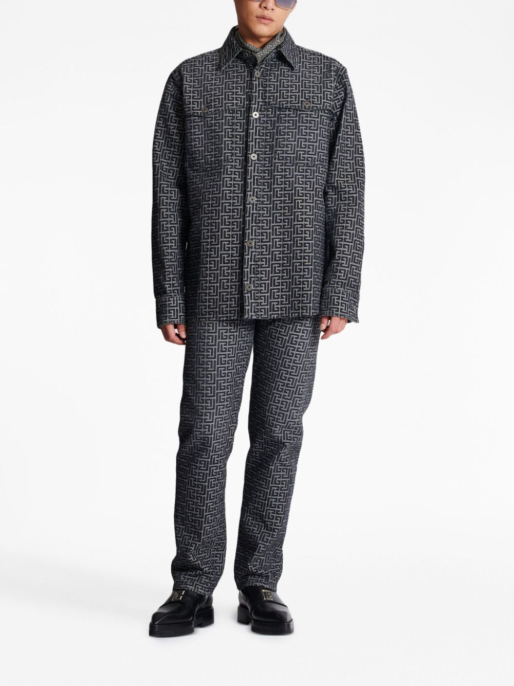 BALMAIN Jacquard Monogram Denim Shirt
