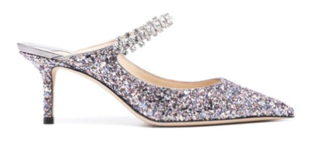 JIMMY CHOO Glitter Crystal Strap Mid Heel Stilettos
