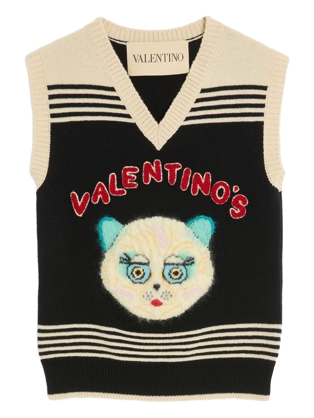 VALENTINO Cat Motif V-Neck Striped Wool Vest