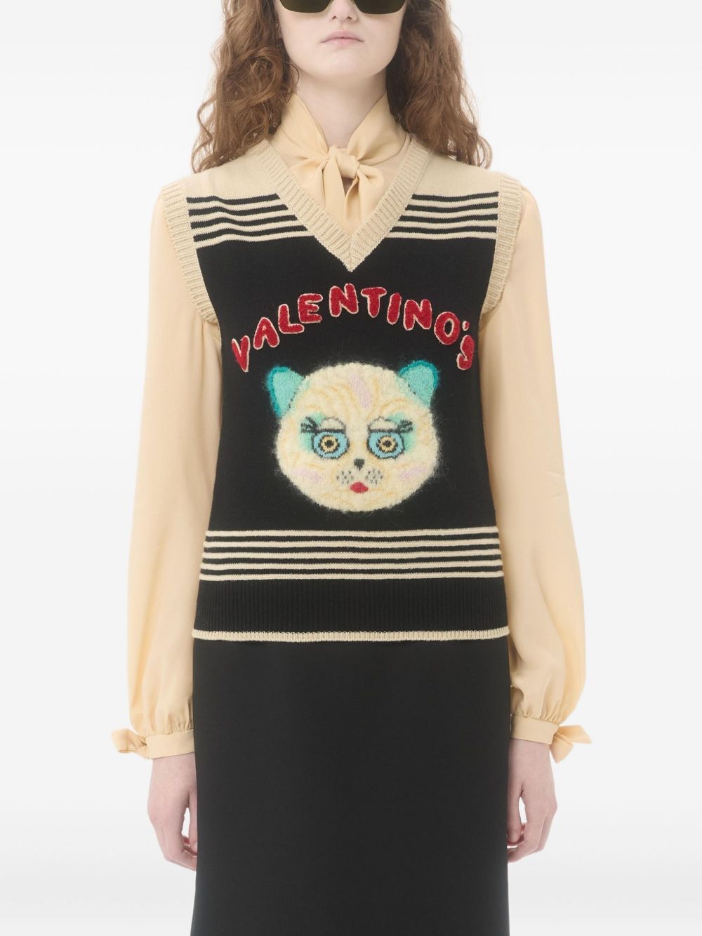 VALENTINO Cat Motif V-Neck Striped Wool Vest