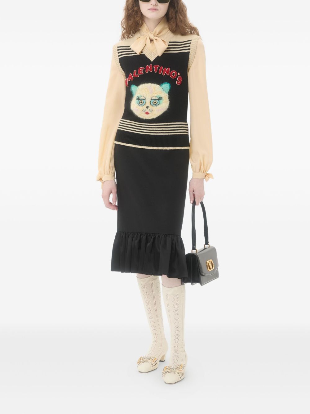 VALENTINO Cat Motif V-Neck Striped Wool Vest