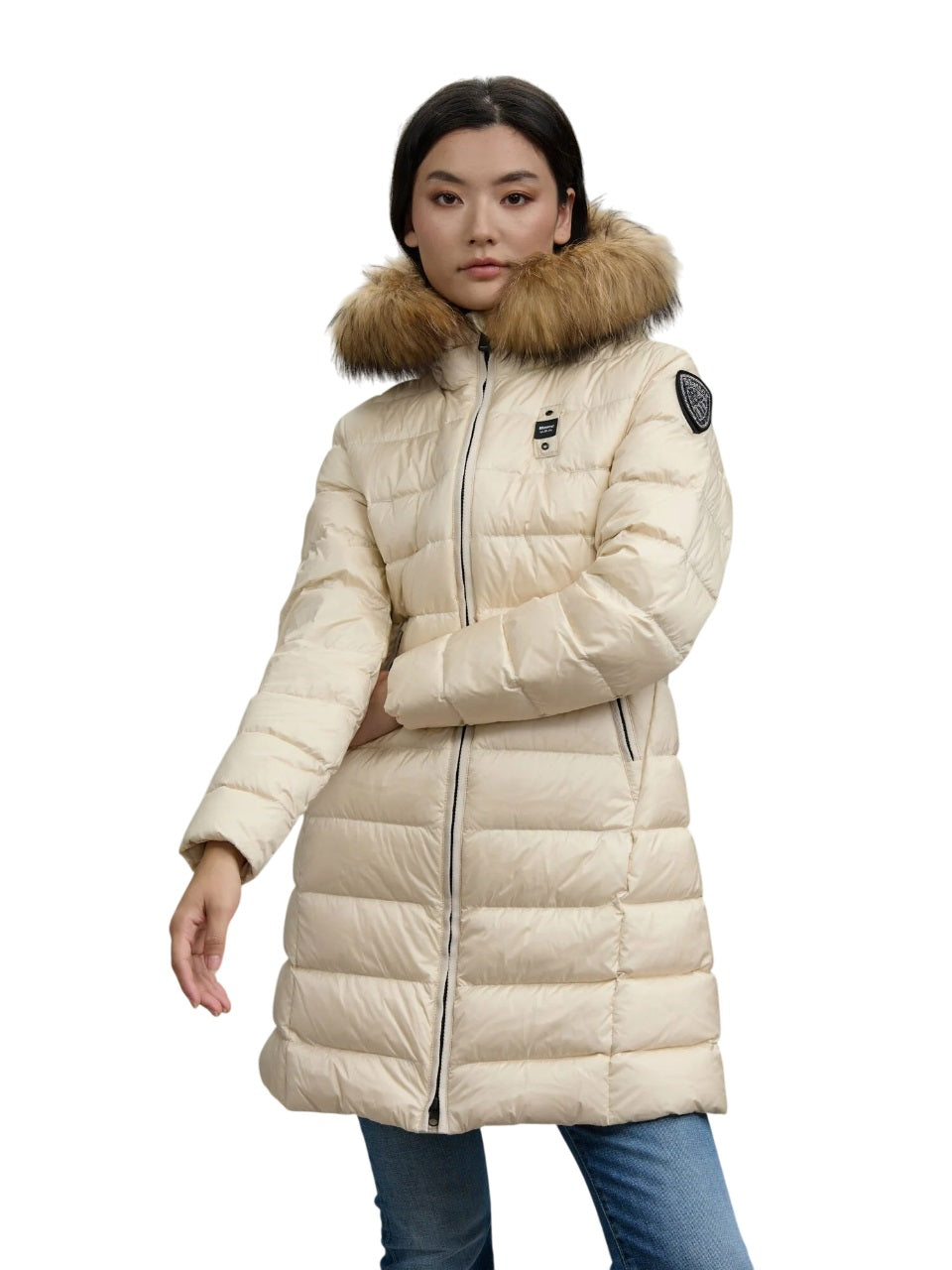 BLAUER Quilted Long Jacket with Removable Fur Trim for Women