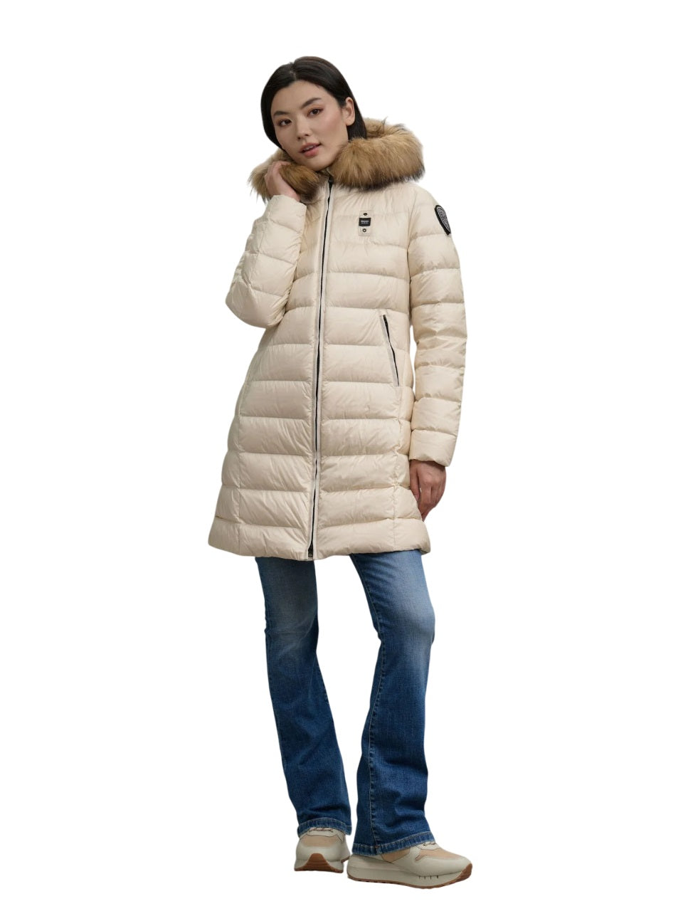 BLAUER Quilted Long Jacket with Removable Fur Trim for Women