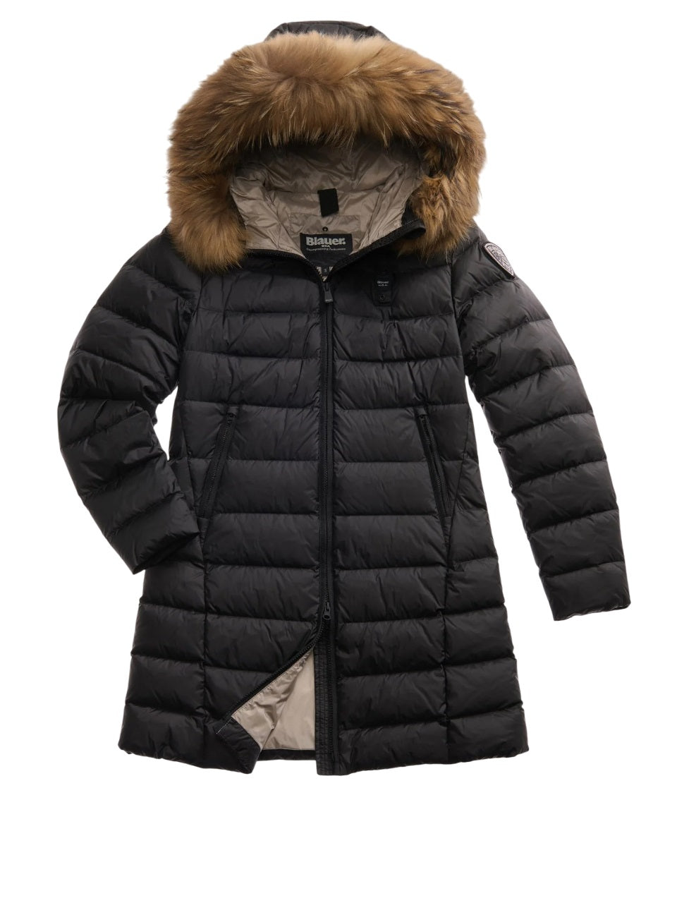 BLAUER Long Shiny Quilted Jacket with Removable Fur Trim