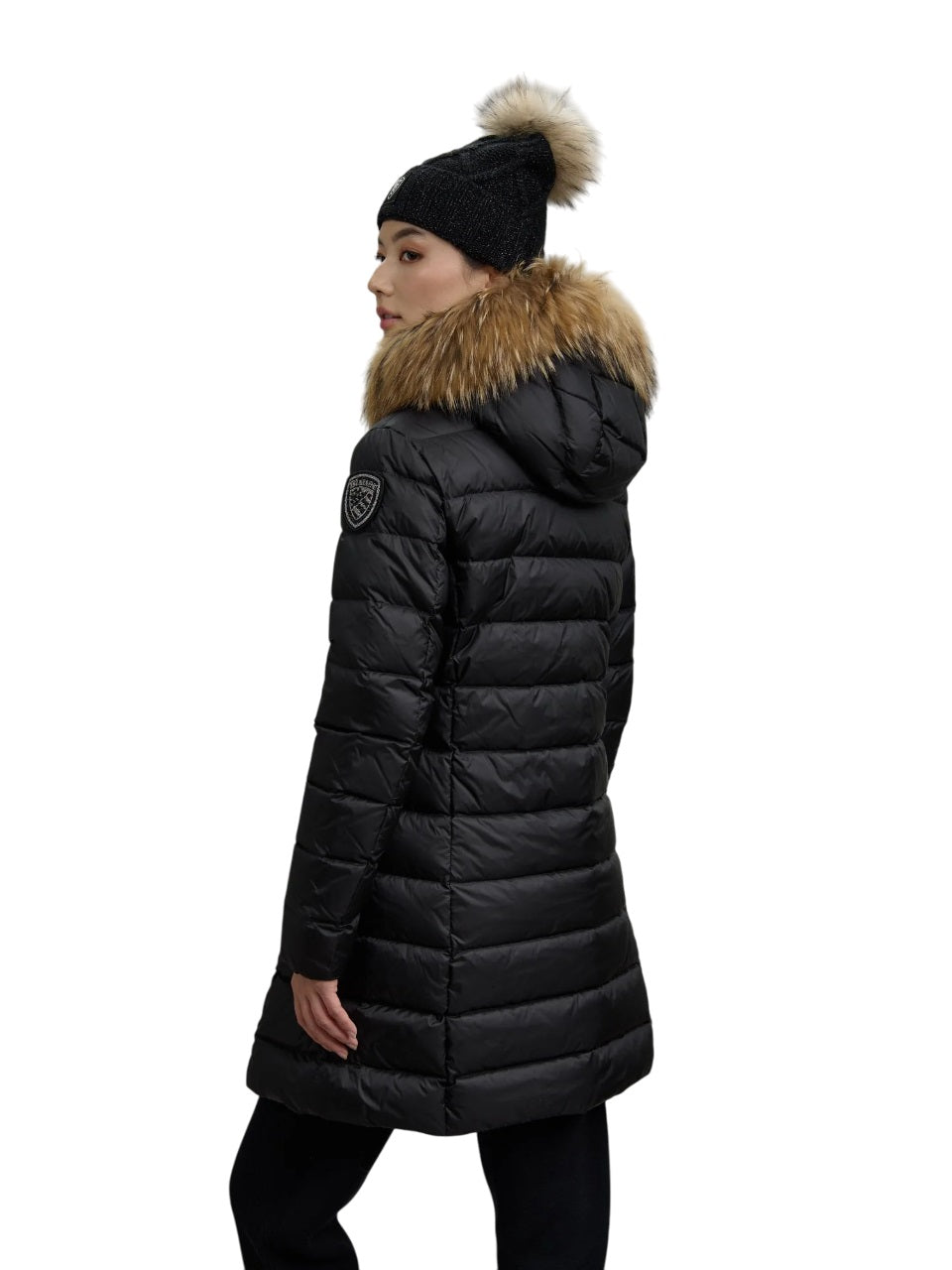 BLAUER Long Shiny Quilted Jacket with Removable Fur Trim