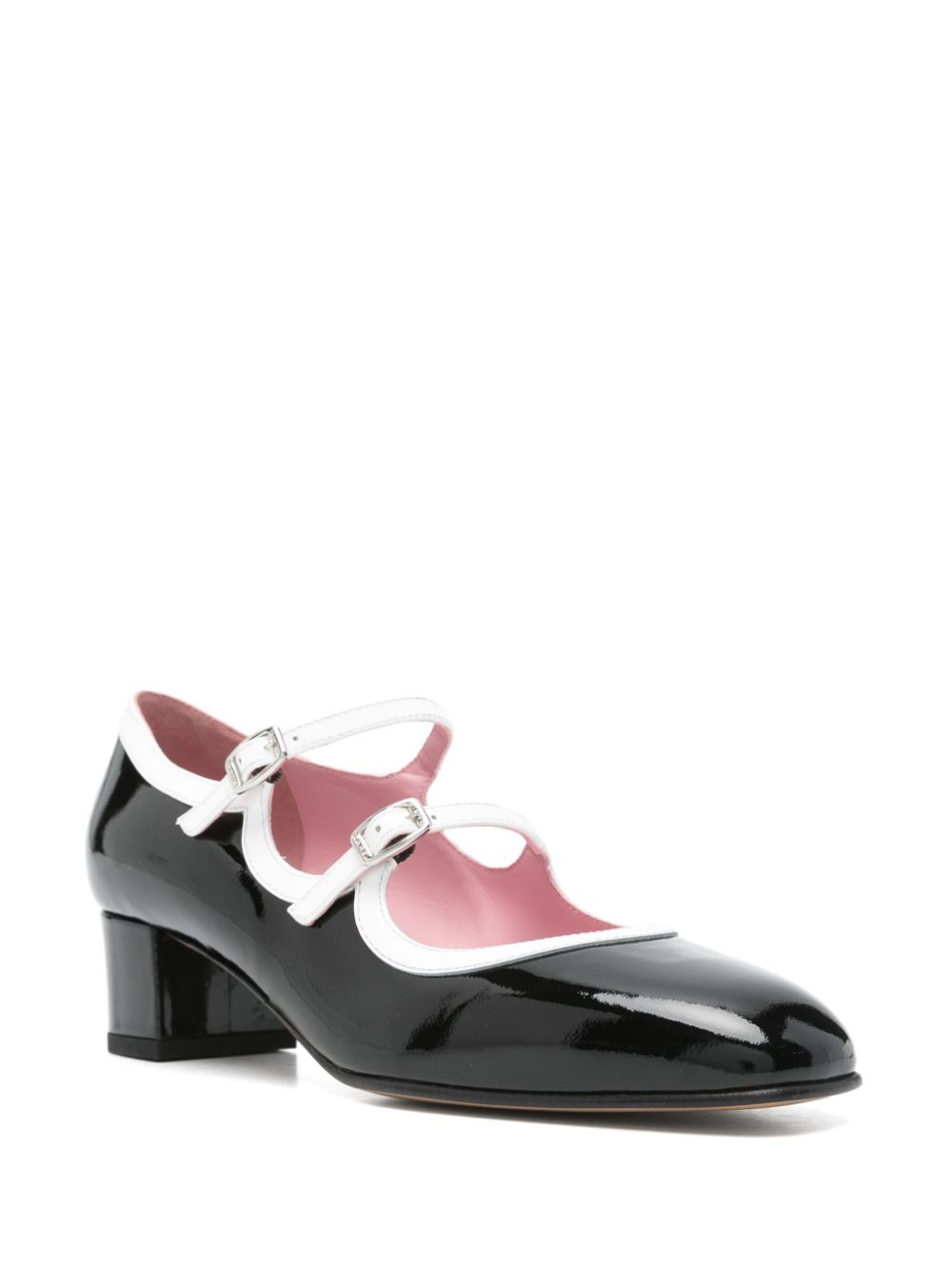 CAREL PARIS Patent Leather Pumps with Double Buckle Fastening - Low Block Heel