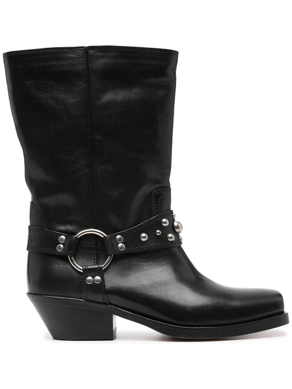 ISABEL MARANT Square Toe Leather Boots with Stud Embellishments - 45MM Cuban Heel