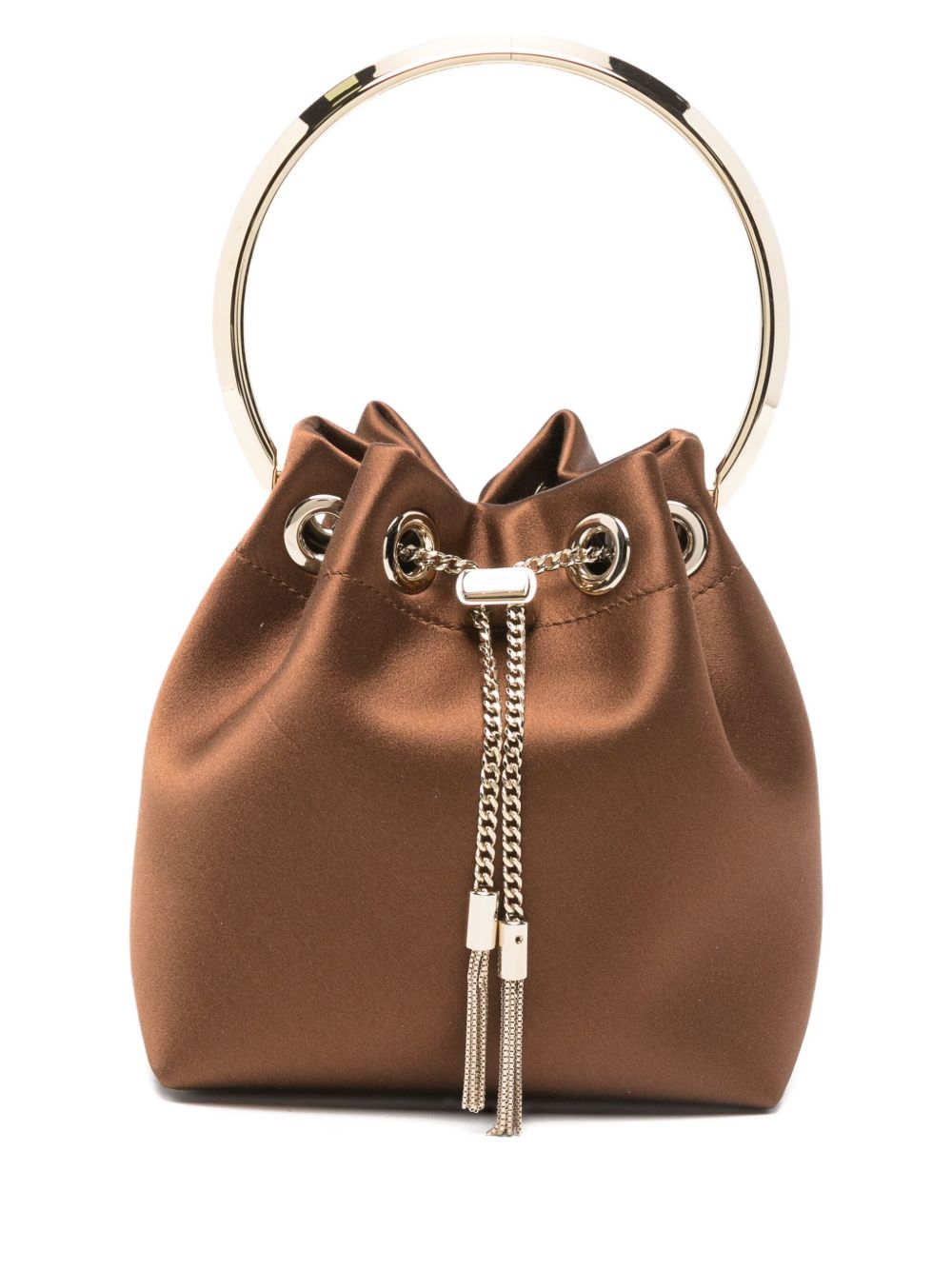 JIMMY CHOO Leather Bucket Handbag with Tassel Detail and Chain Strap