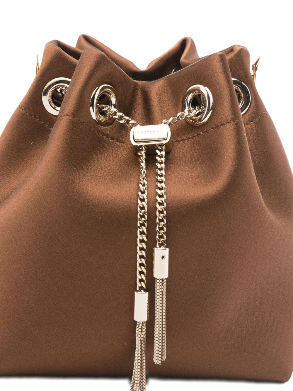 JIMMY CHOO Leather Bucket Handbag with Tassel Detail and Chain Strap