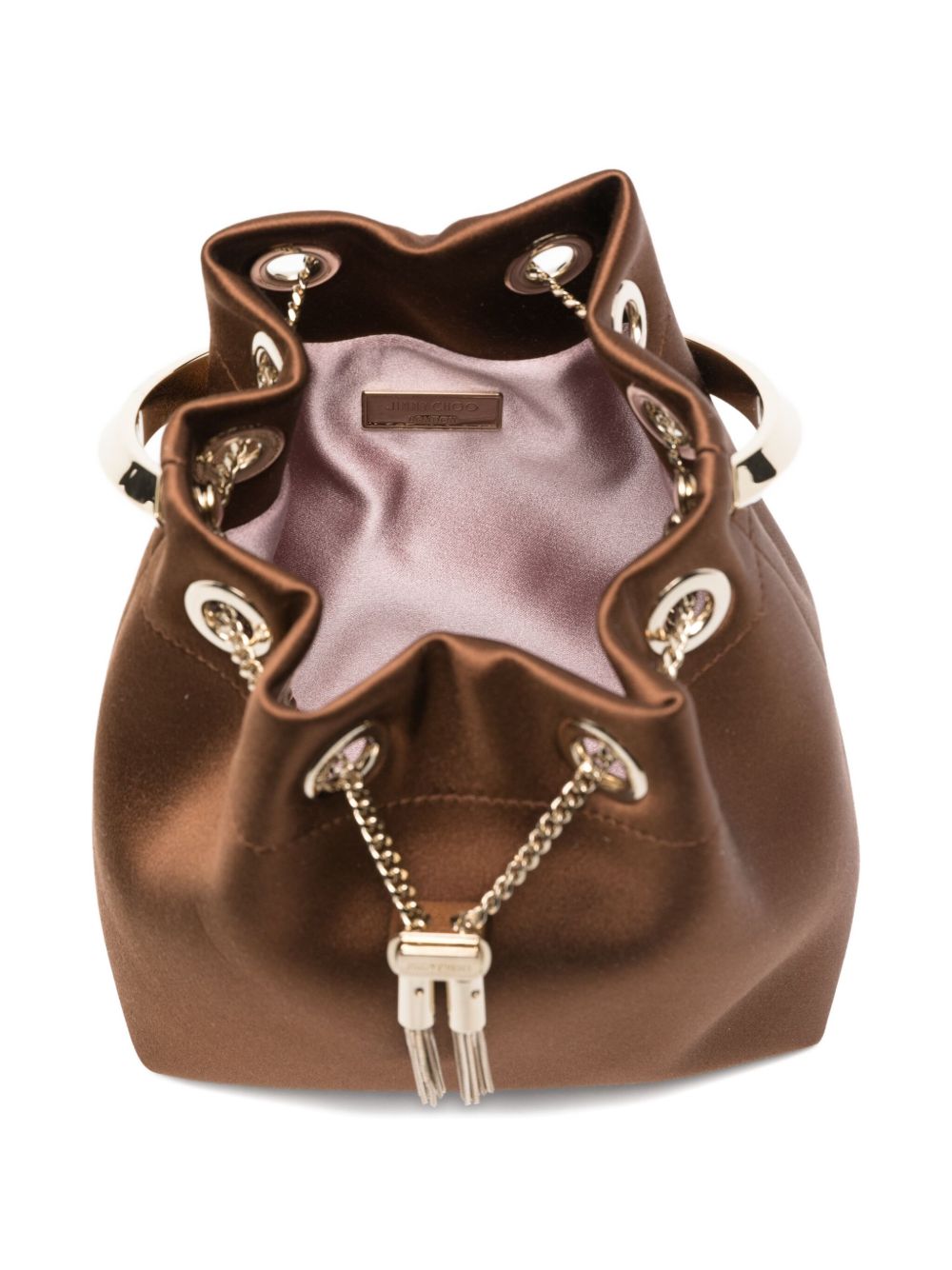 JIMMY CHOO Leather Bucket Handbag with Tassel Detail and Chain Strap