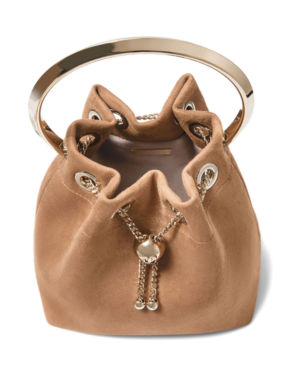 JIMMY CHOO Leather Bucket Handbag with Drawstring and Chain-Linked Strap