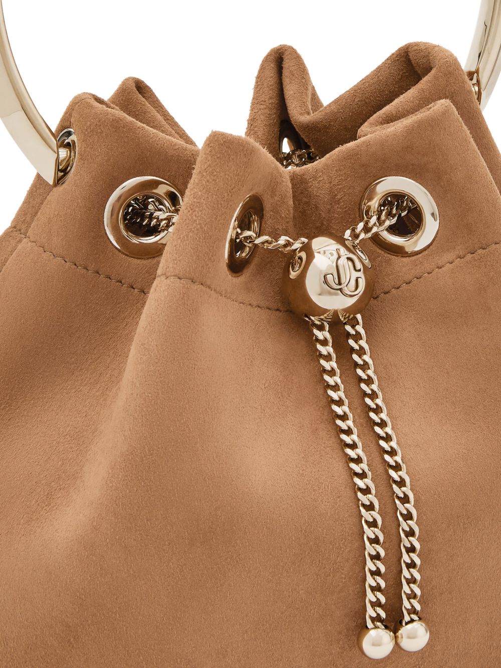 JIMMY CHOO Leather Bucket Handbag with Drawstring and Chain-Linked Strap