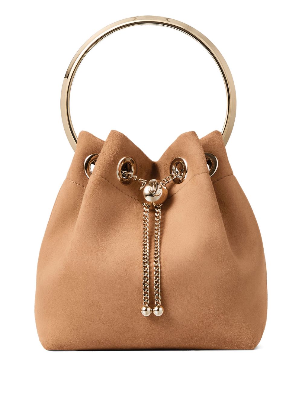 JIMMY CHOO Leather Bucket Handbag with Drawstring and Chain-Linked Strap