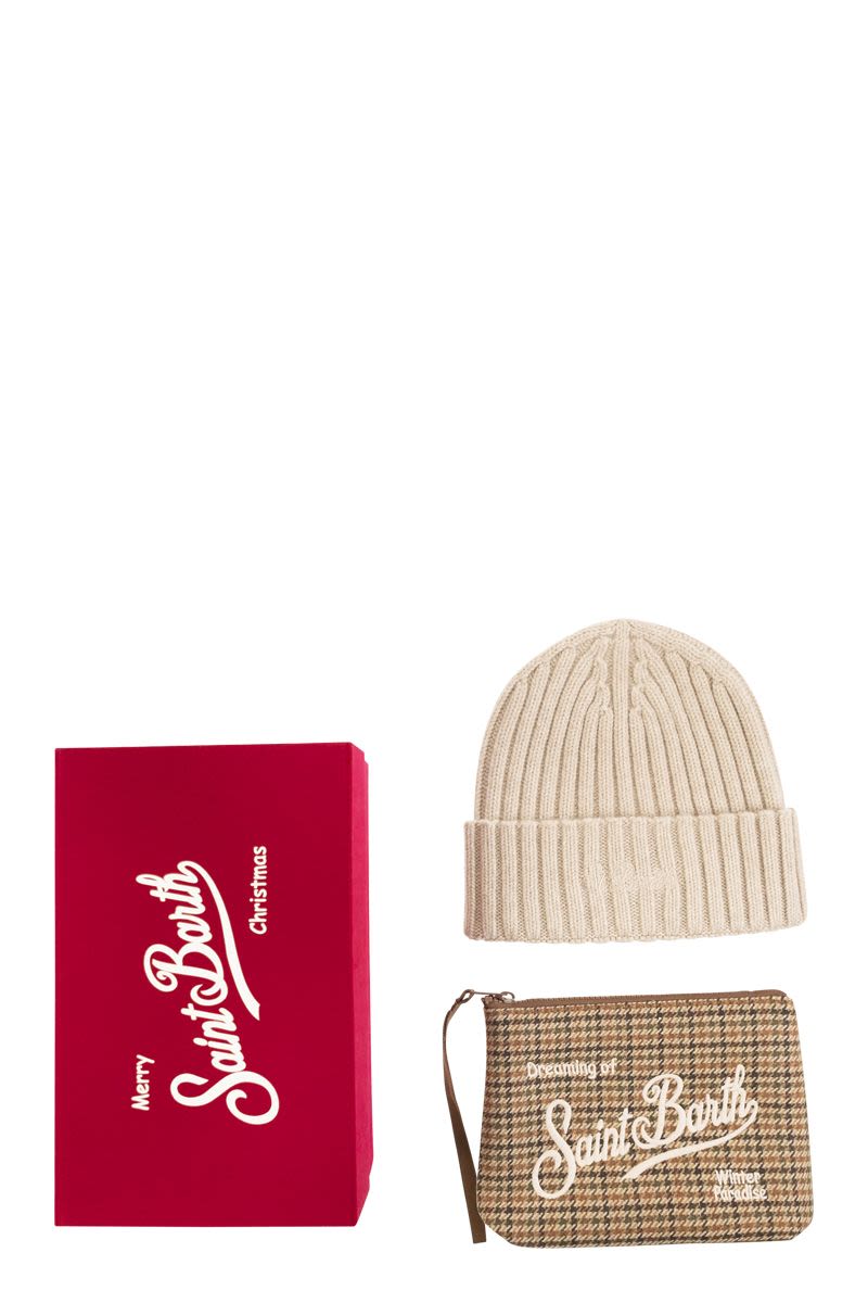 MC2 SAINT BARTH Merry Christmas Gift Box with Mini Knit Hat and Houndstooth Clutch Handbag