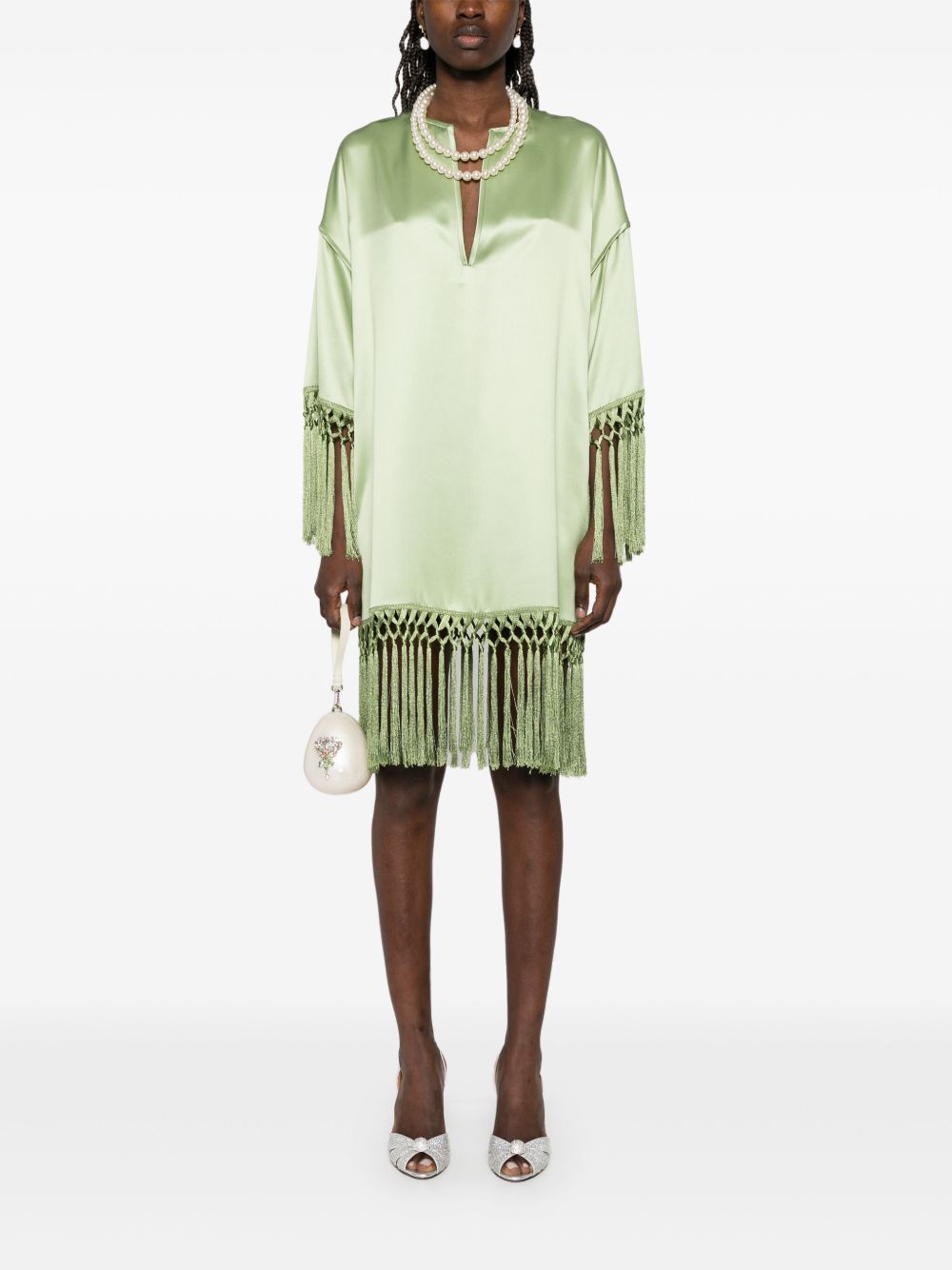 VALENTINO Silk Tunic Dress with V-Neck and Tasselled Edges