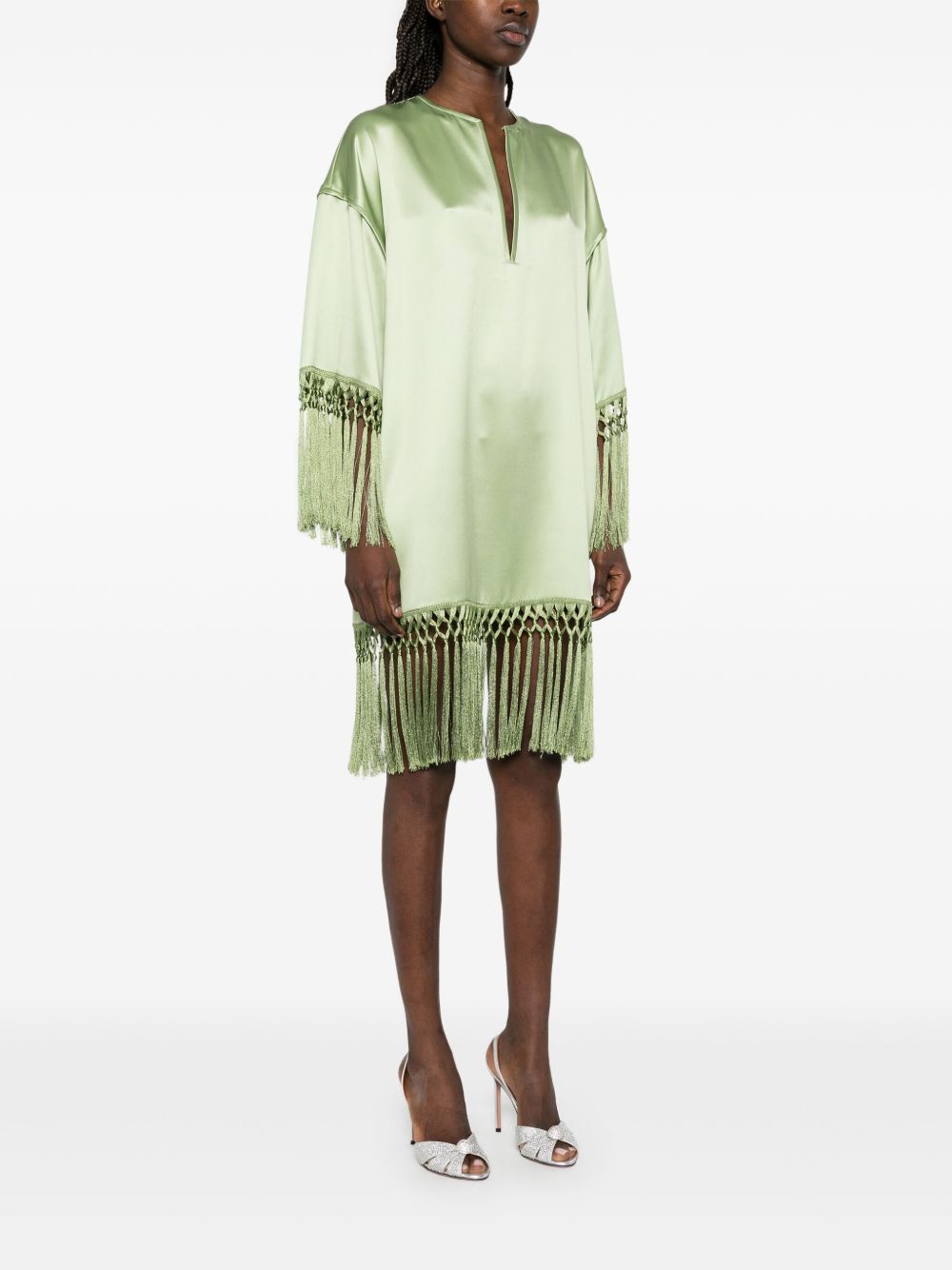 VALENTINO Silk Tunic Dress with V-Neck and Tasselled Edges