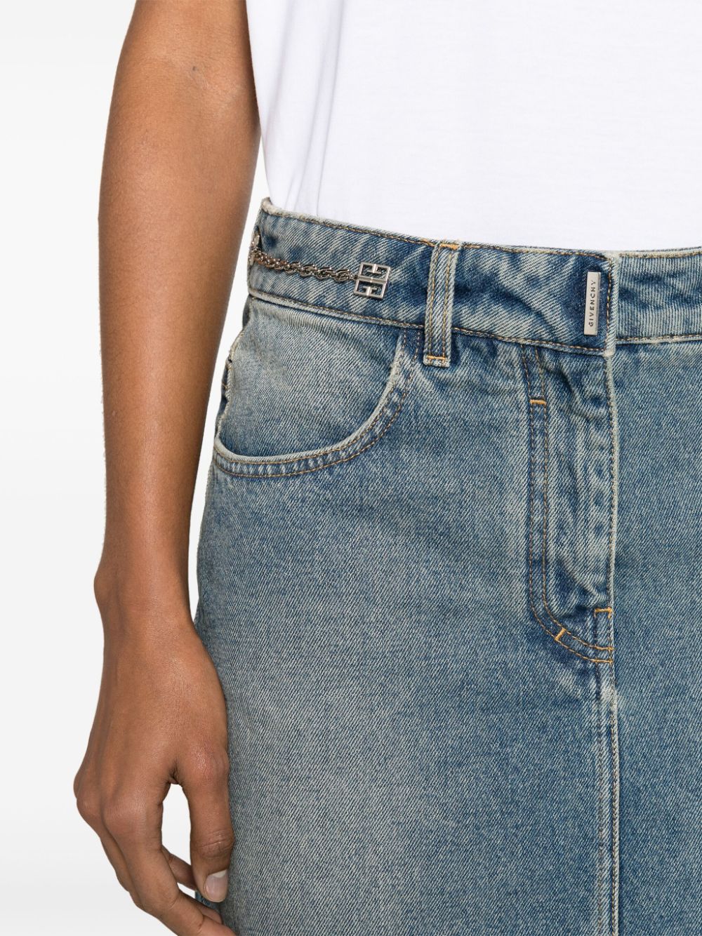 GIVENCHY Womens Mini Denim Skirt with Chain-Link Detailing