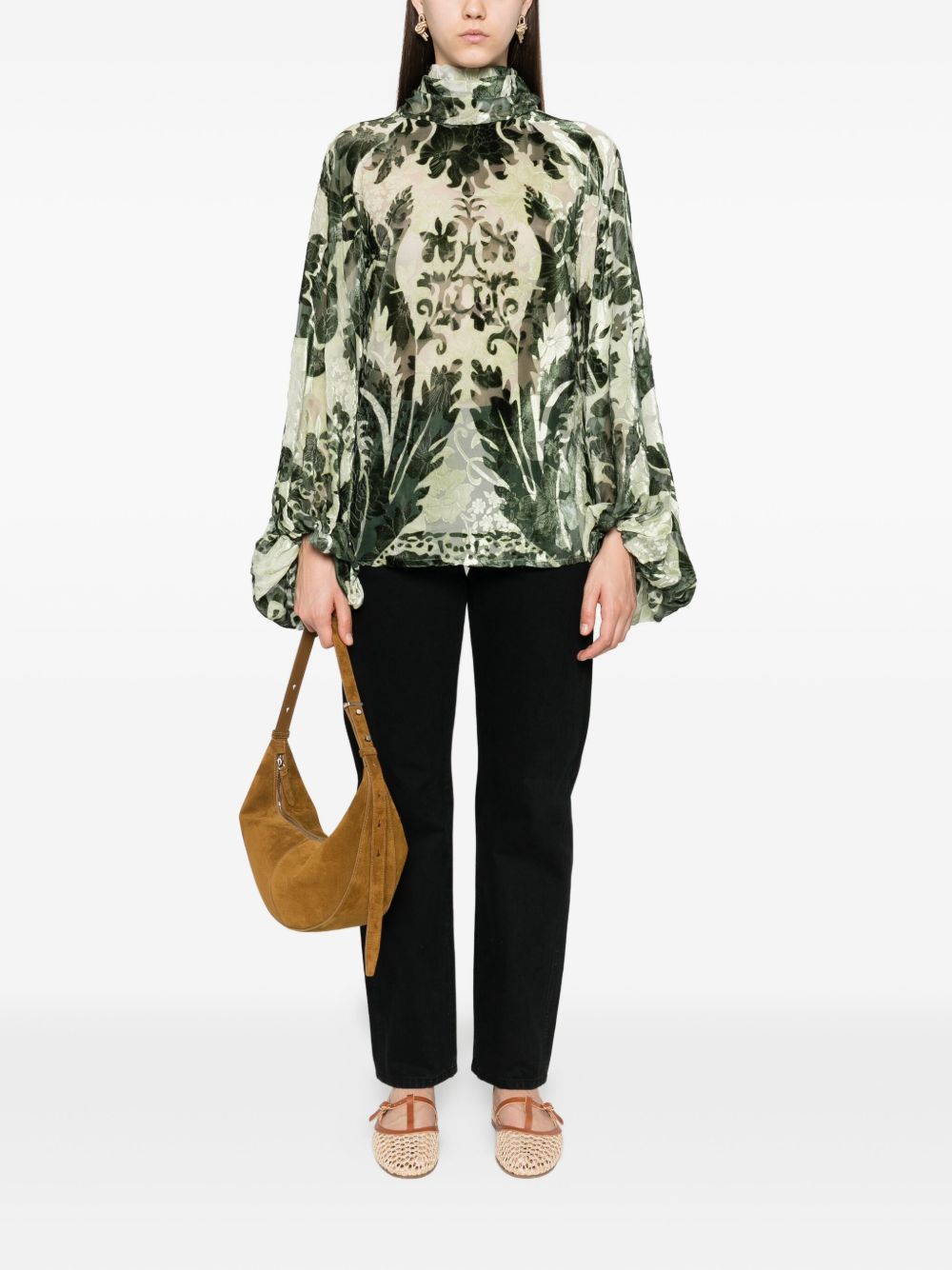 F.R.S FOR RESTLESS SLEEPERS Printed Silk Blouse with Balloon Sleeves and Tie Neck