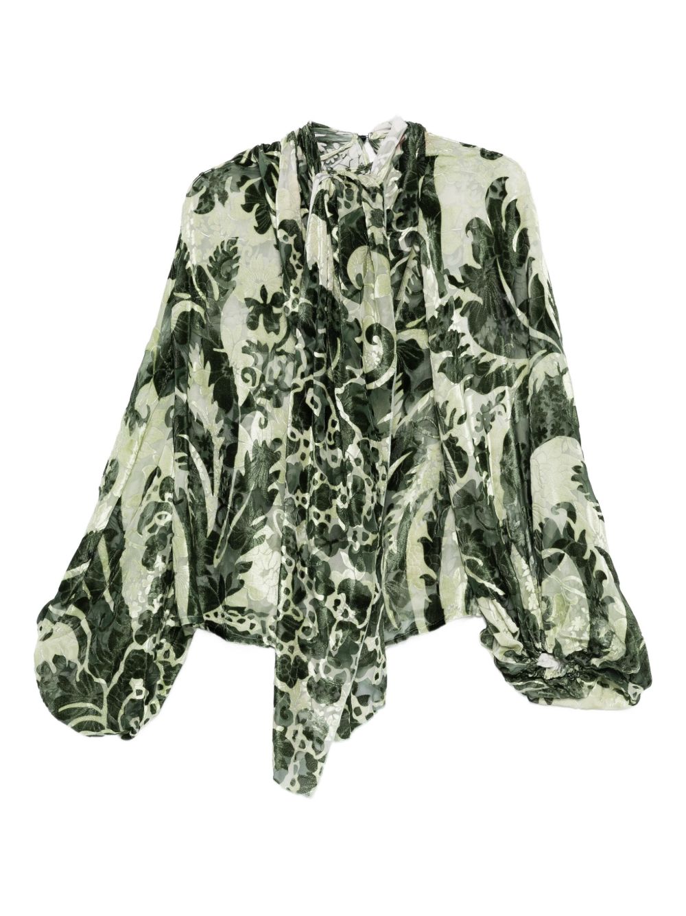 F.R.S FOR RESTLESS SLEEPERS Printed Silk Blouse with Balloon Sleeves and Tie Neck