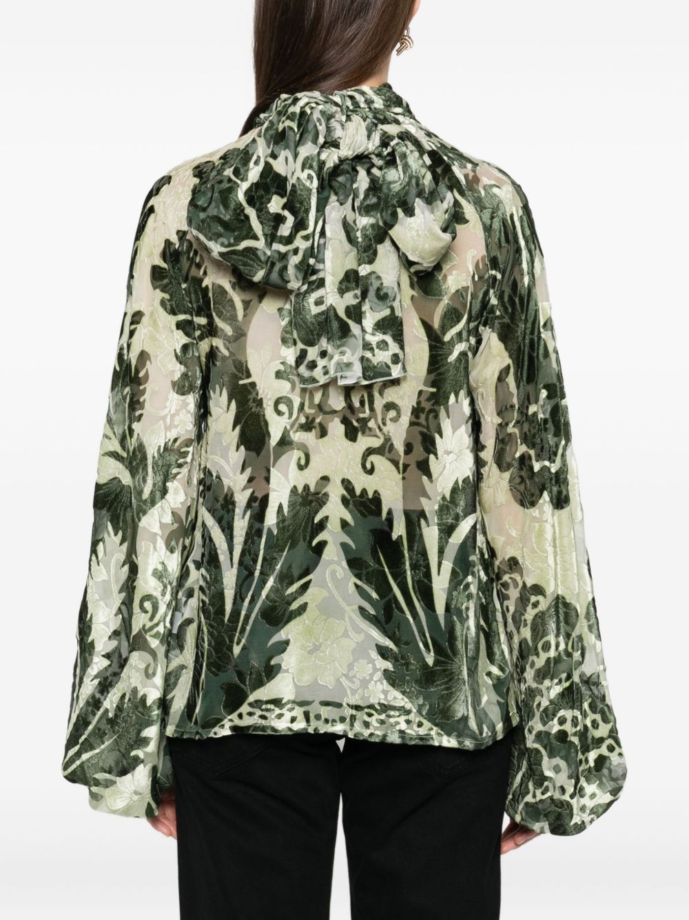 F.R.S FOR RESTLESS SLEEPERS Printed Silk Blouse with Balloon Sleeves and Tie Neck