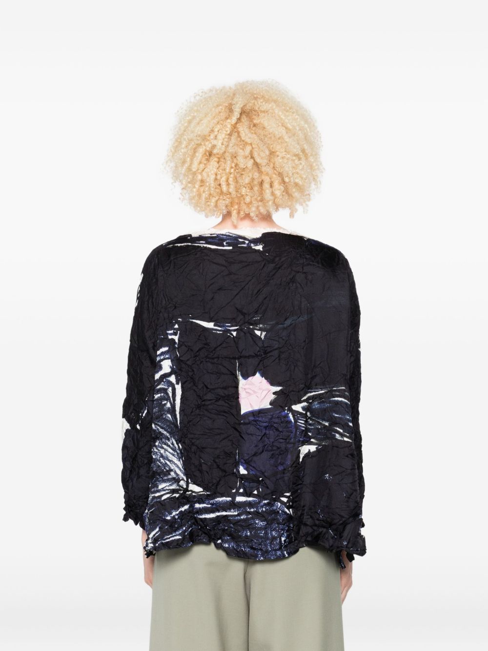 DANIELA GREGIS Abstract Print Boat Neck Crinkled Silk Blouse