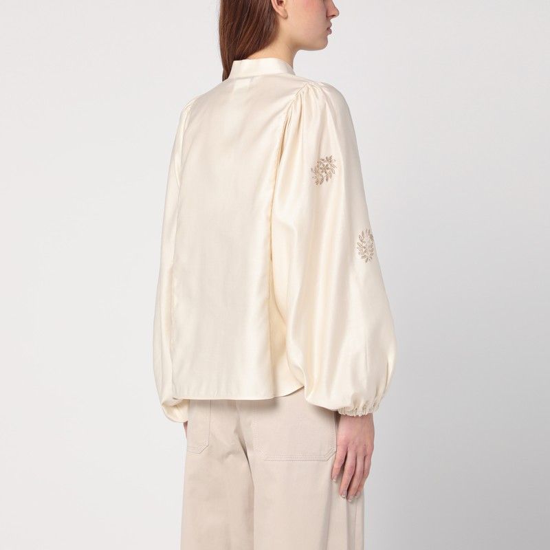 MAX MARA Ivory Cotton Satin Shirt with Embroidered Details