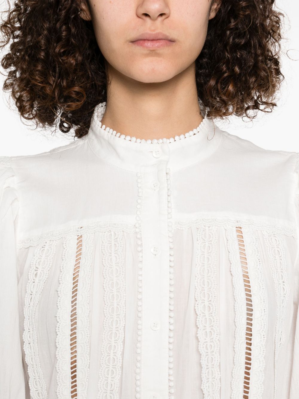 ALICE + OLIVIA Cora Cotton Blouse with Band Collar and Three-Quarter Sleeves