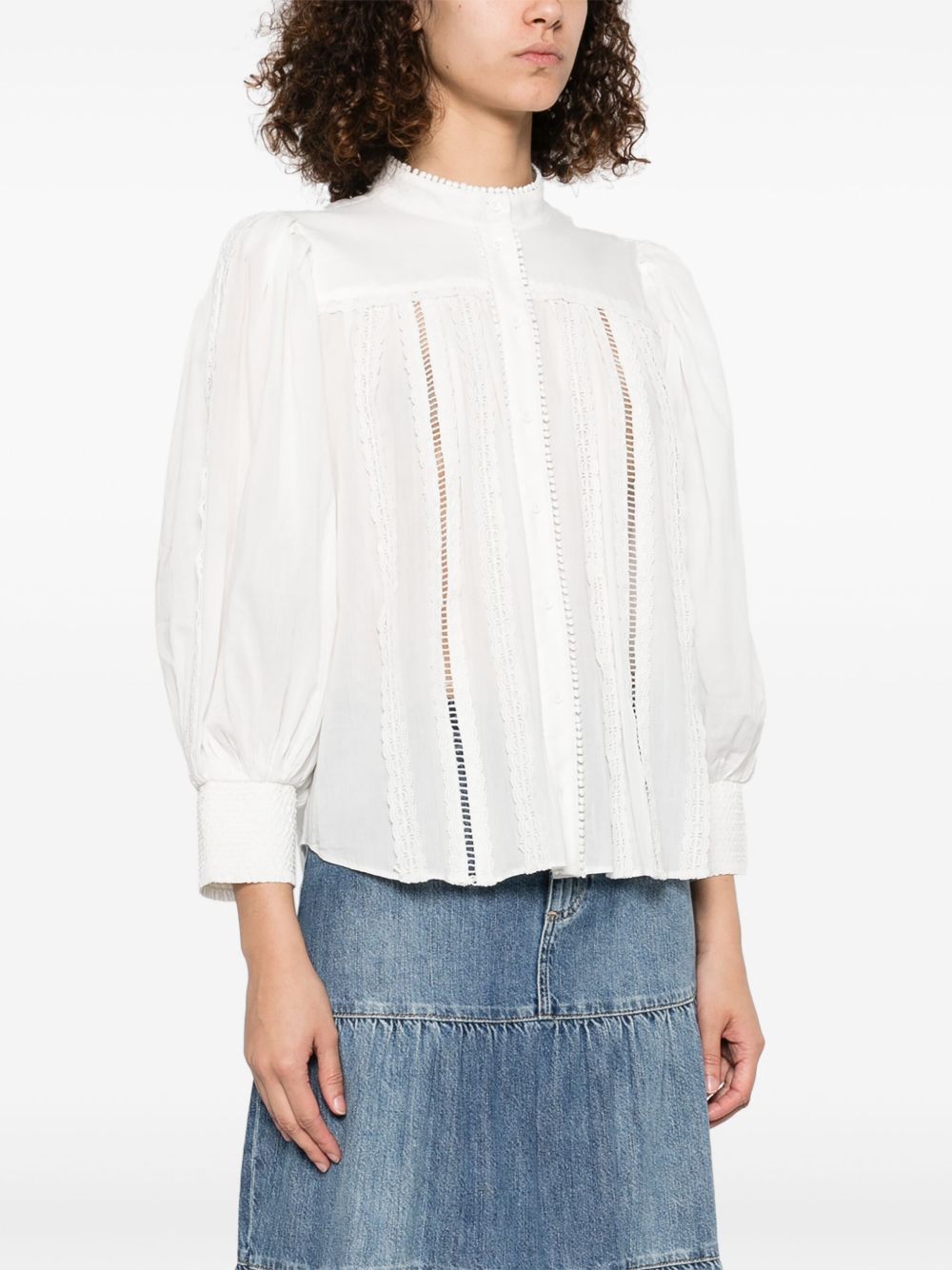 ALICE + OLIVIA Cora Cotton Blouse with Band Collar and Three-Quarter Sleeves