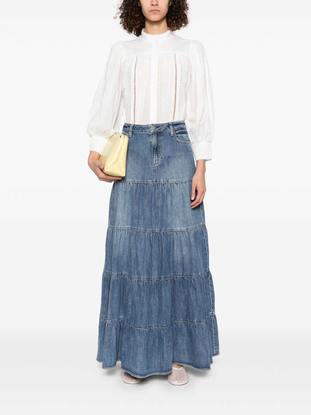 ALICE + OLIVIA Cora Cotton Blouse with Band Collar and Three-Quarter Sleeves