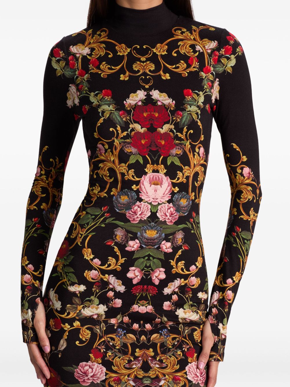 ALICE + OLIVIA Floral Print Long Sleeve Turtleneck Midi Dress