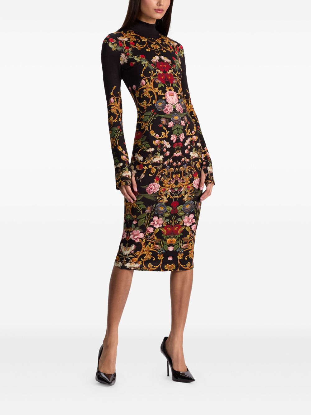 ALICE + OLIVIA Floral Print Long Sleeve Turtleneck Midi Dress